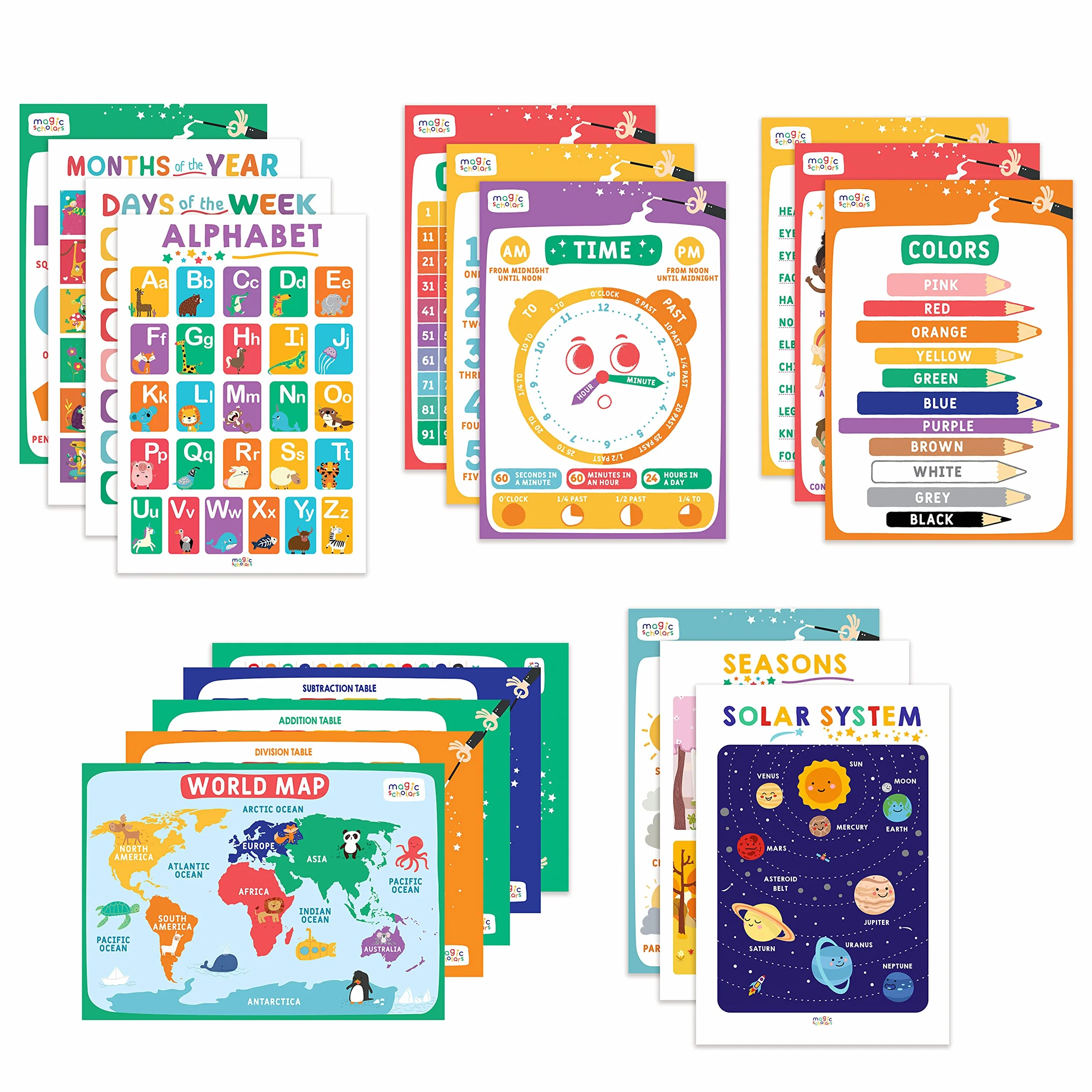 Magic Scholars Plakaty edukacyjne, zestaw 18 sztuk, dekoracja klasy dla dzieci, maluchów, zajęcia edukacyjne, przedszkole, przedszkola, artykuły do szkoły domowej, wykres alfabetu, dni tygodnia