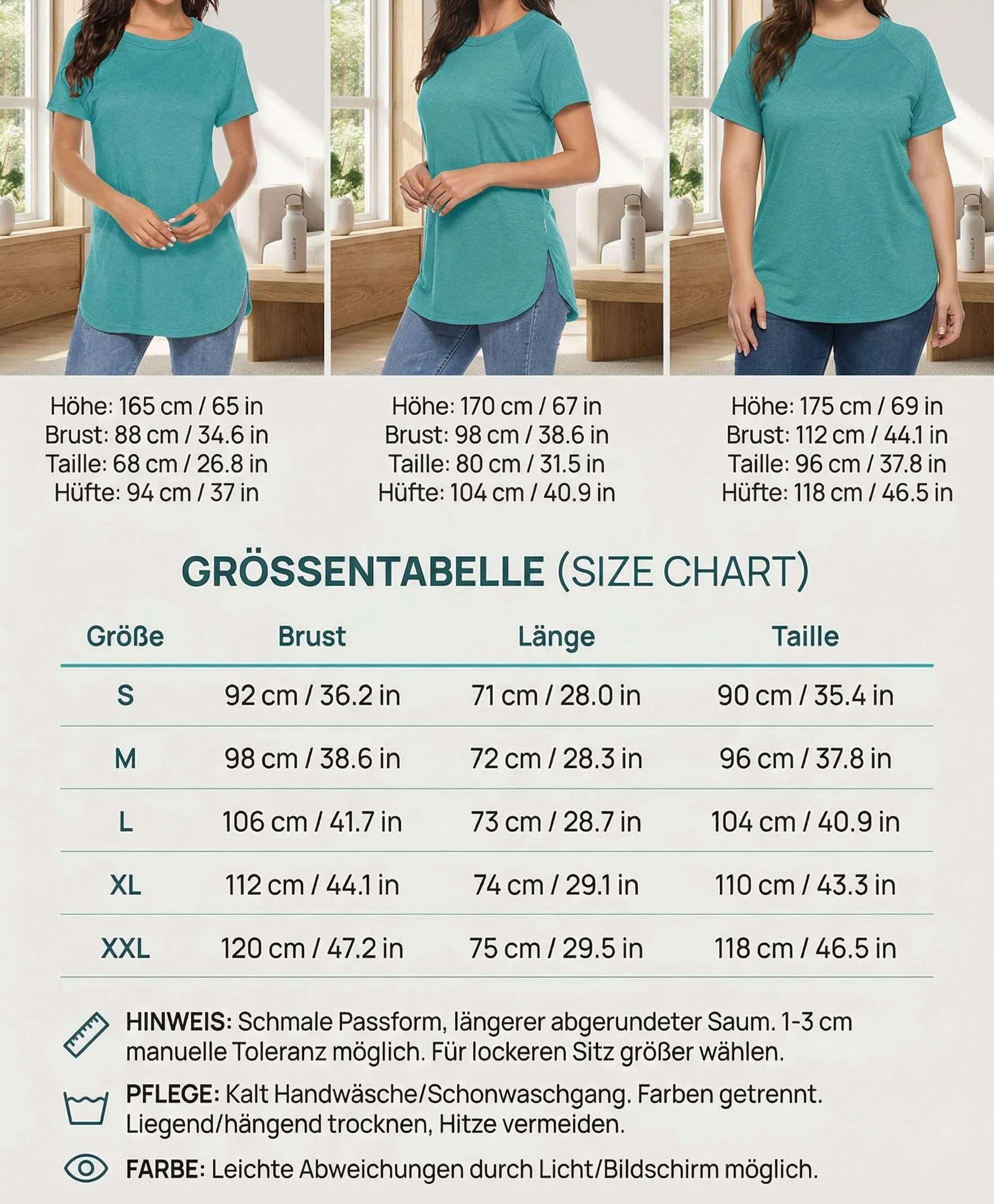 Teesho Damska koszulka z długim rękawem, elegancka koszulka bawełniana, na co dzień, z długim rękawem, tunika