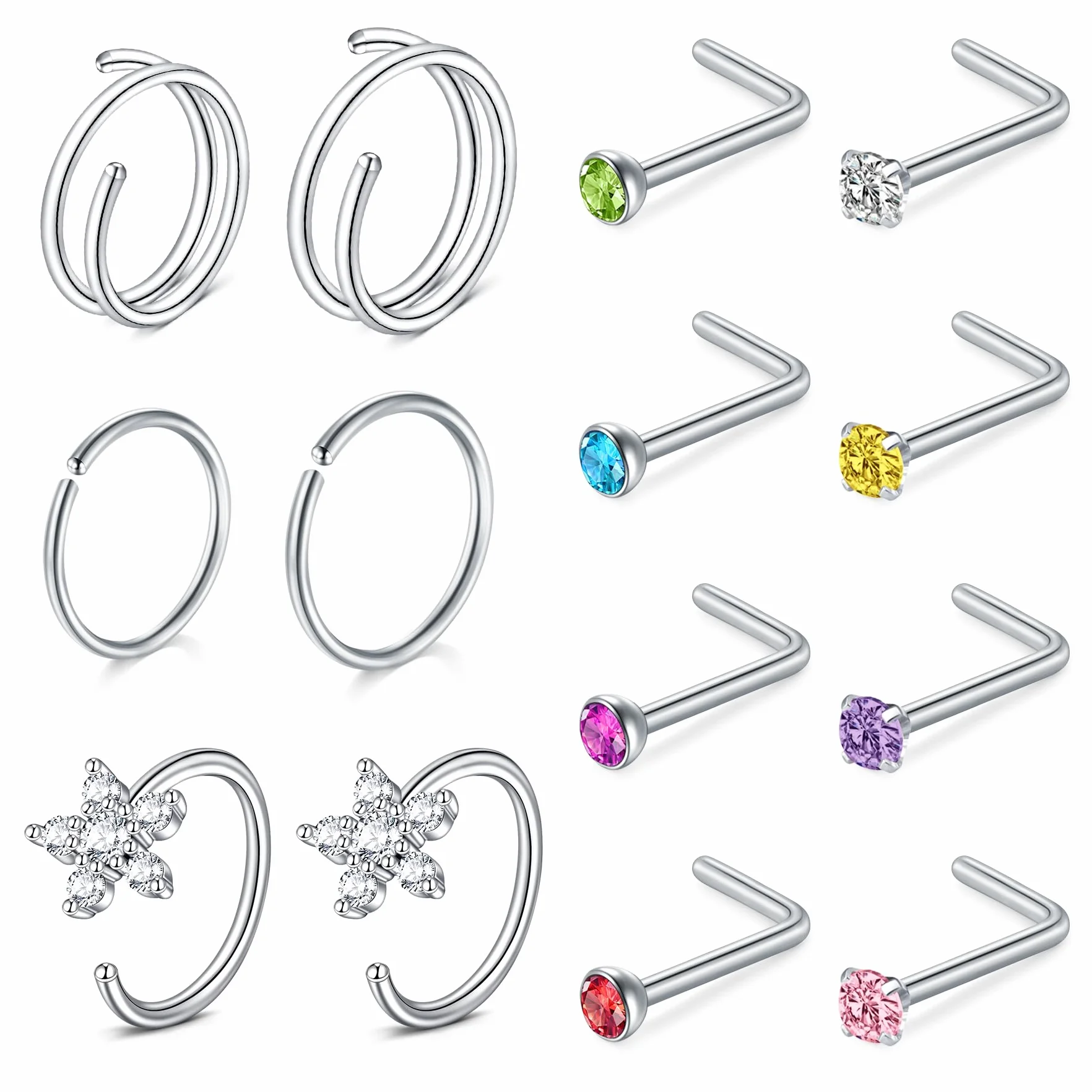 FECTAS Pierścionek do nosa 20 g, srebrny, złoty, czarny, kolczyk do nosa, 8 mm, 10 mm, 12 mm, hipoalergiczny kolczyk do nosa ze stali nierdzewnej, grubość 0,8 mm, 7 mm, kolczyk do nosa z cyrkonią