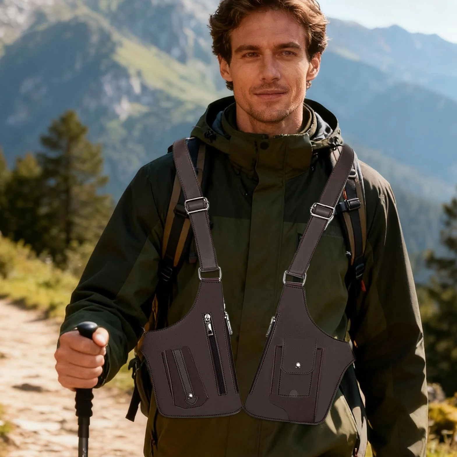 Adjustable Underarm Shoulder Bag - Waterproof Chest Vest Pack for Everyday Carry | Oxford Fabric with Multiple Hidden Pockets, Anti-Theft Double Shoulder Organizer for Travel, 27.5x15.5cm Black Brown