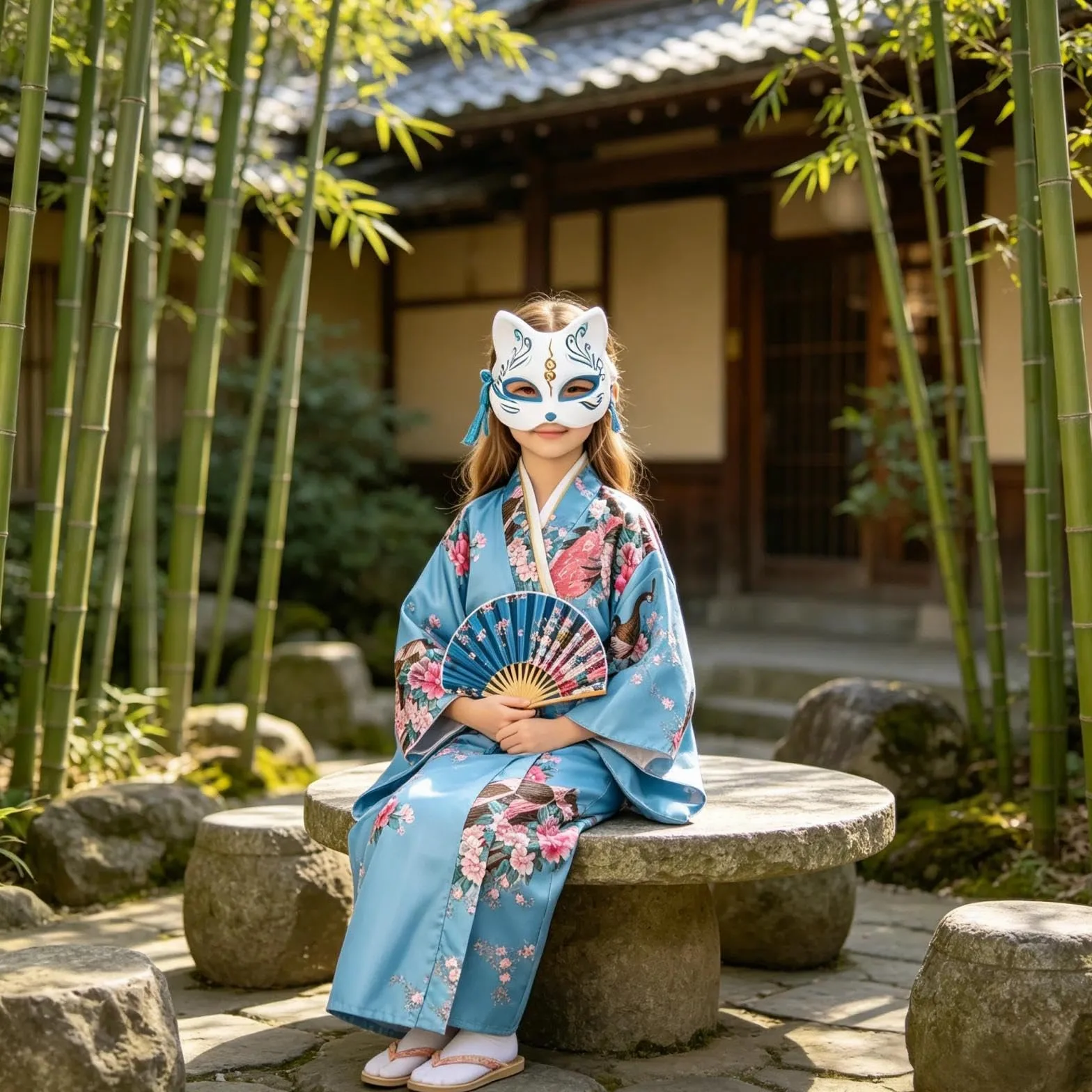 Dziecięce Yukata w Stylu Vintage Japońskim - Sukienka Kimono dla Dziewcząt, Dziecięca Tradycyjna Odzież z Jedwabnego Płótna, Sukienka na Ślub, na Imprezę, na Występ, NIEBIESKI, 140