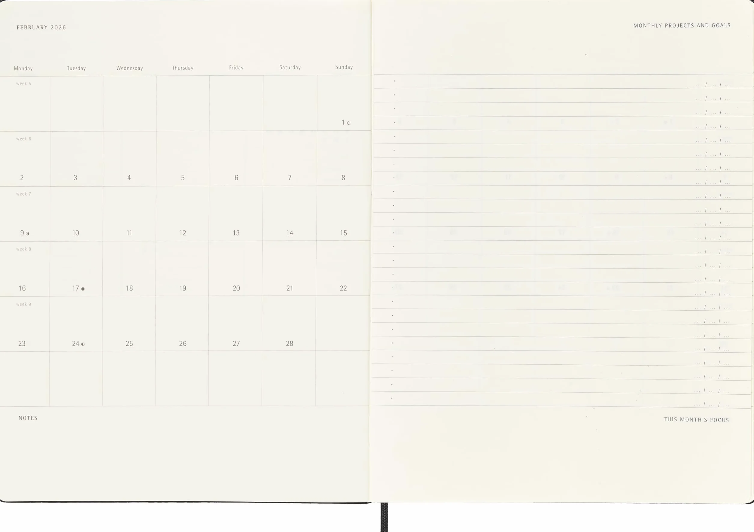 Moleskine 12 Monate Pro Wochen Notizkalender 2026, Pro XL, 1 Wo = 2 Seiten, vertikal, Spalten für Notizen, fester Einband, Schwarz