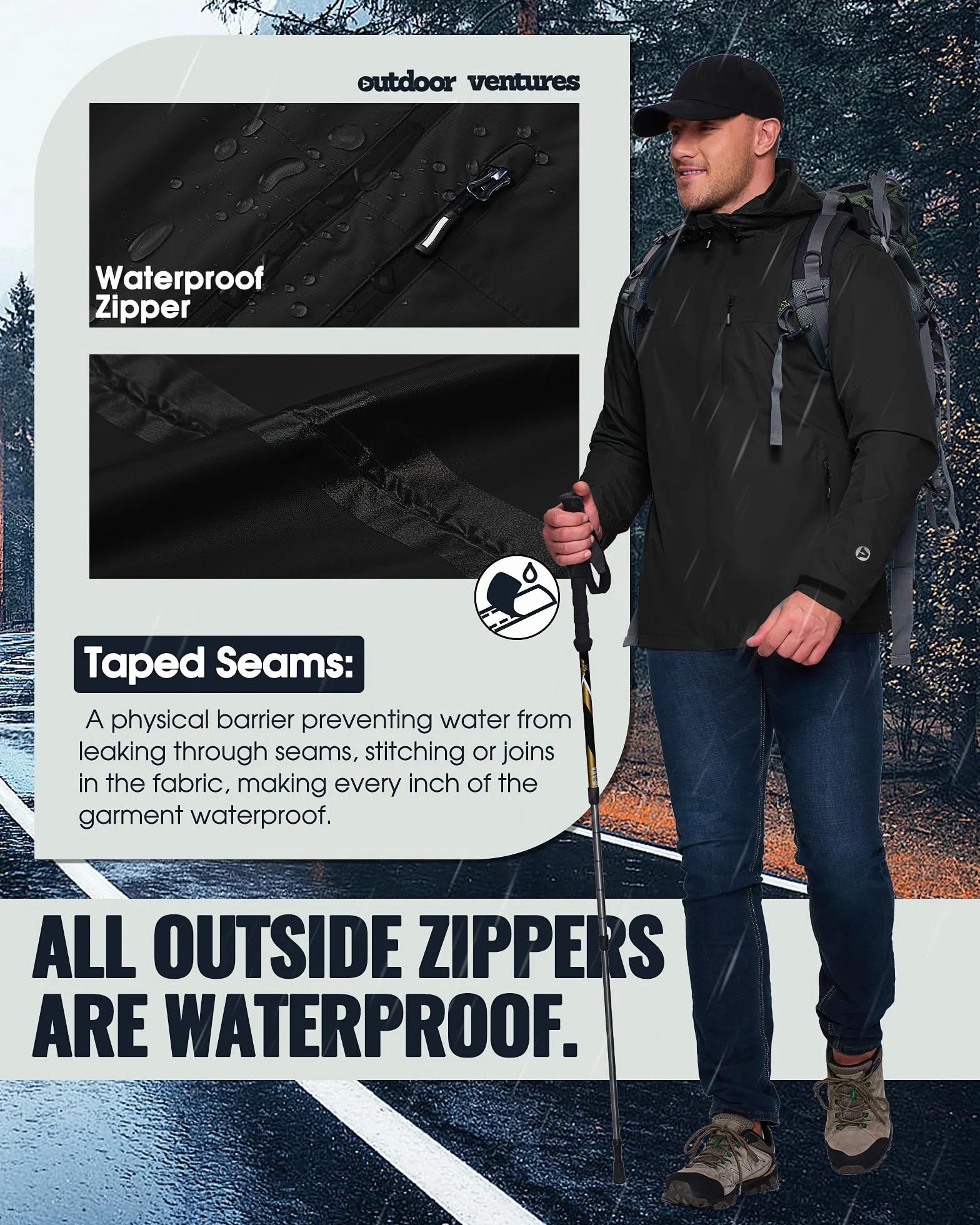 Outdoor Ventures Męska kurtka przeciwdeszczowa, wodoszczelna, oddychająca, do spakowania, lekka wiatrówka do noszenia w czasie wolnym, na wędrówki, kemping