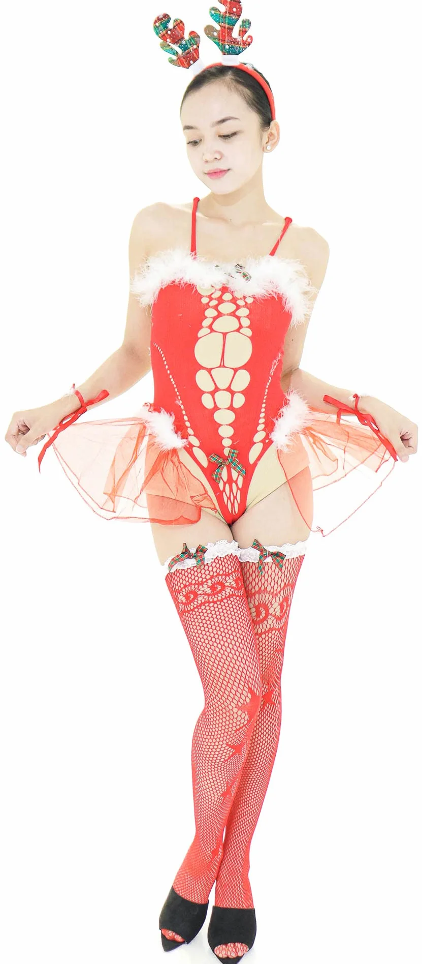 Otwarty Kombinezon Kabaretki – Bielizna Cosplay – Czerwony – Świąteczny – 40-75 Kg