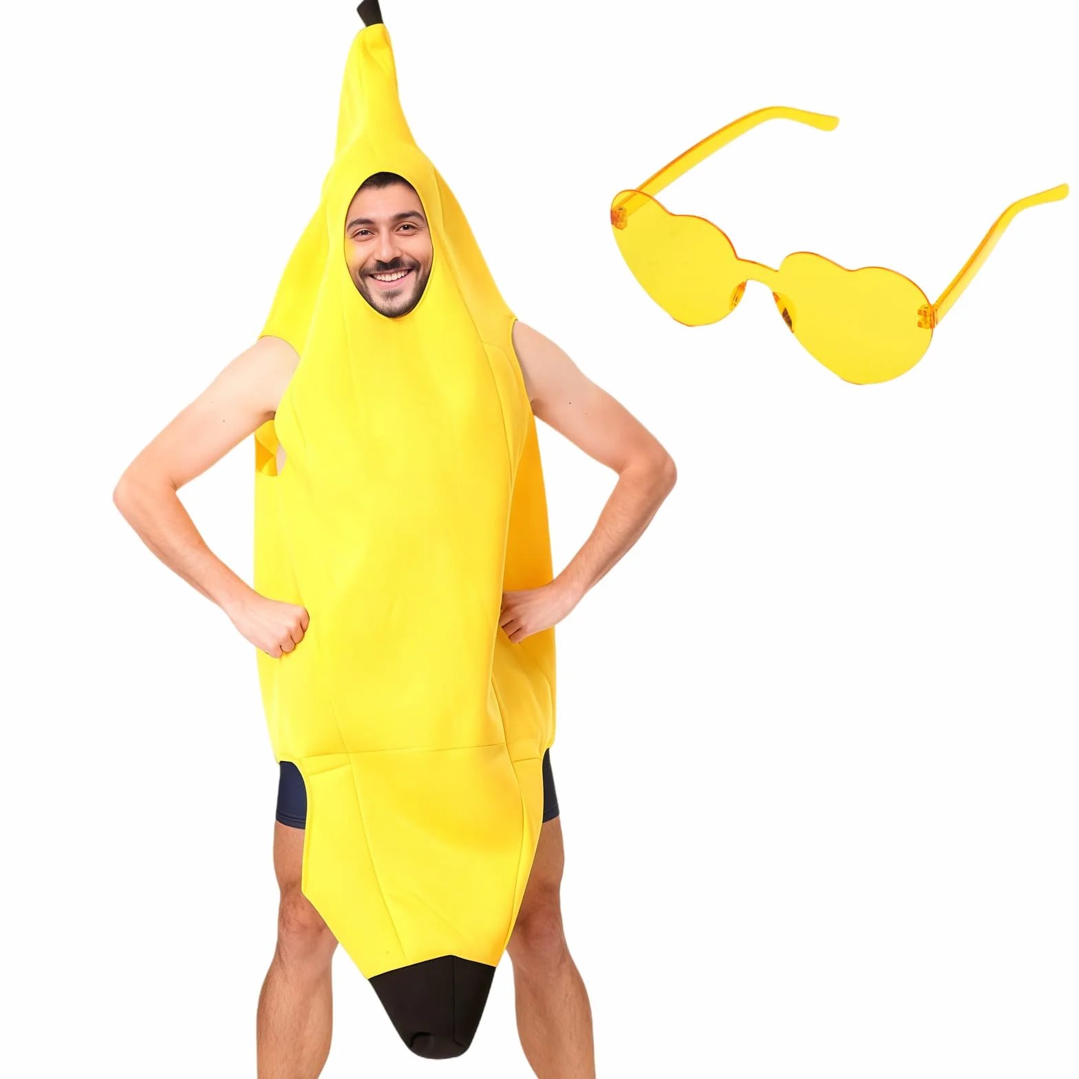 Kostium bananowy dla dorosłych, uniseks, zabawny kostium banana z żółtymi okularami, na karnawał, Halloween i imprezę cosplay, zabawny kostium dla mężczyzn i kobiet, 150-175 cm, kostium