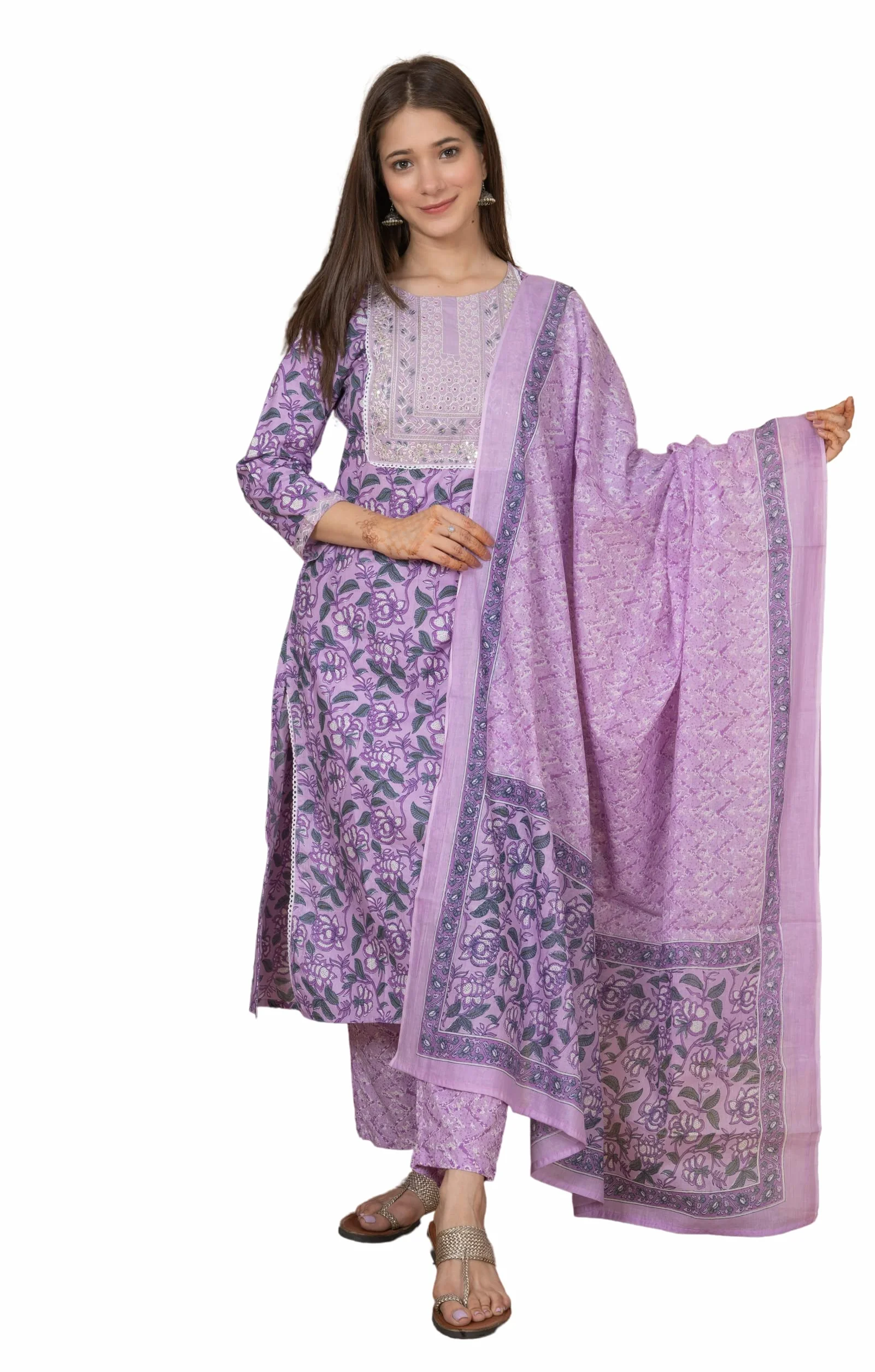 Meera Fab Damska bawełniana drukowana zielona drukowana prosty haft Kurta z Palazzo & Dupatta