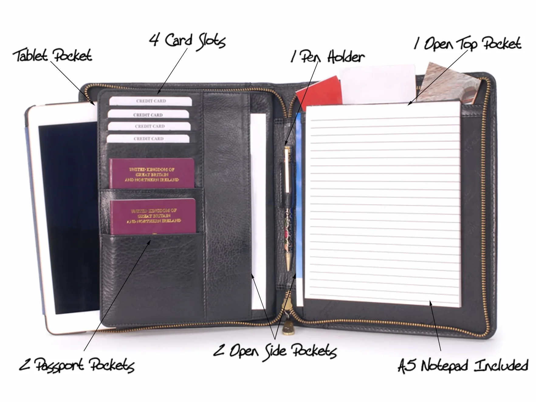 Catwalk Collection Handbags - Damska Skórzana Teczka Konferencyjna A5 - Folder na Zamek - Etui na Dokumenty, Wizytówki i Tablet - Angela - Czarny