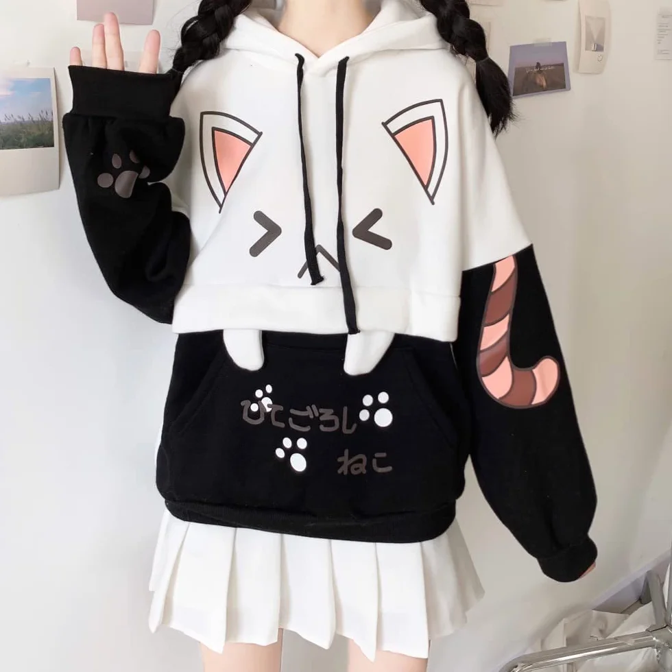 Himifashion Urocza bluza z kapturem dla nastolatek kawaii kot nadruk pulower topy z kapturem plus aksamitna bluza luźne ciepłe bluzy z kapturem