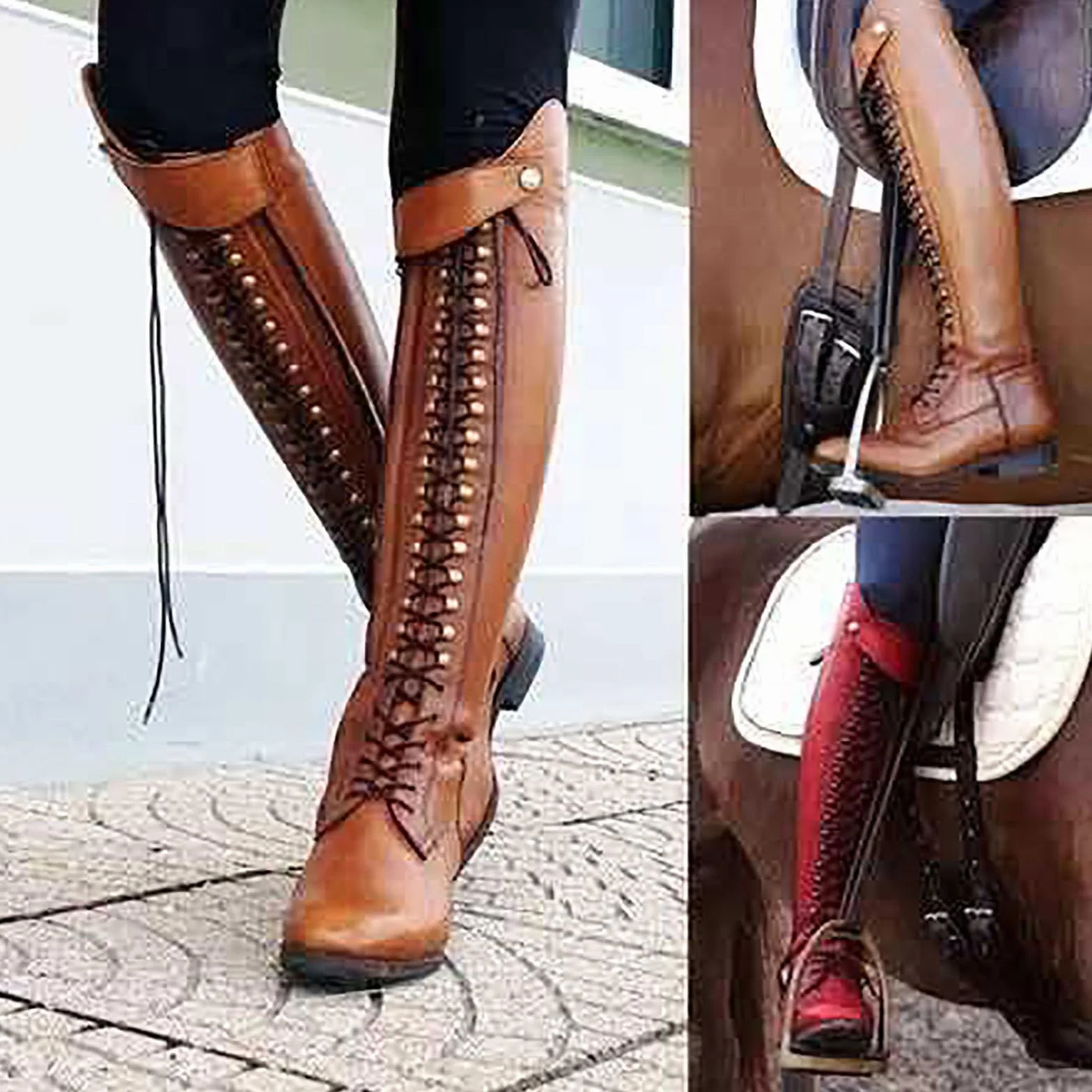 Termiczne Buty Jeździeckie (34-43), Wysokie Buty Do Jazdy Konnej, Sznurowane + Spiczasty Nosek, Antypoślizgowe + Wodoodporne, Niski Obcas (1-3 Cm), Dla Obu Płci/Na Zimę,36,Brown