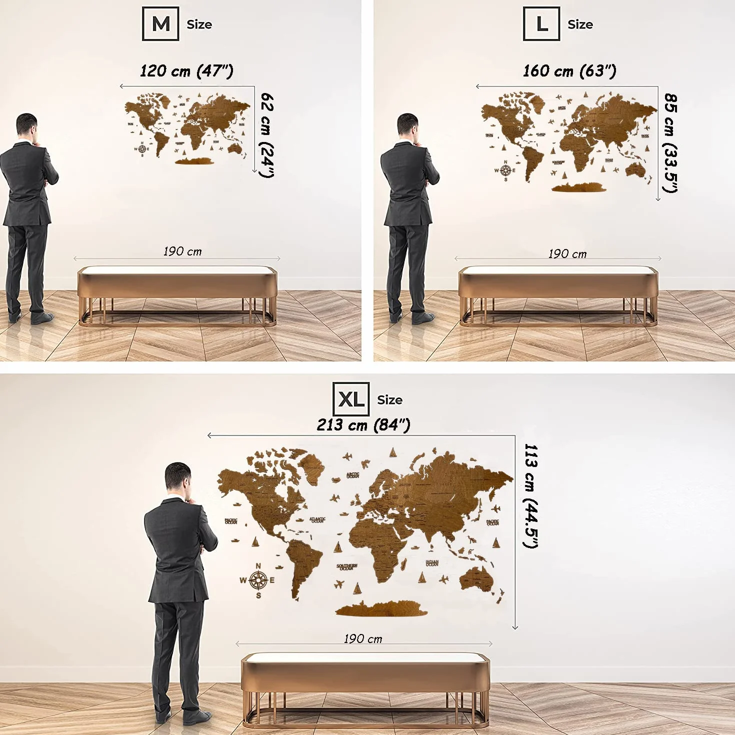 Drewniana mapa świata sztuka 3D duża dekoracja ścienna - rozmiar (M, L, XL) pomysł na prezent na każdą okazję - sztuka ścienna do domu, kuchni lub biura