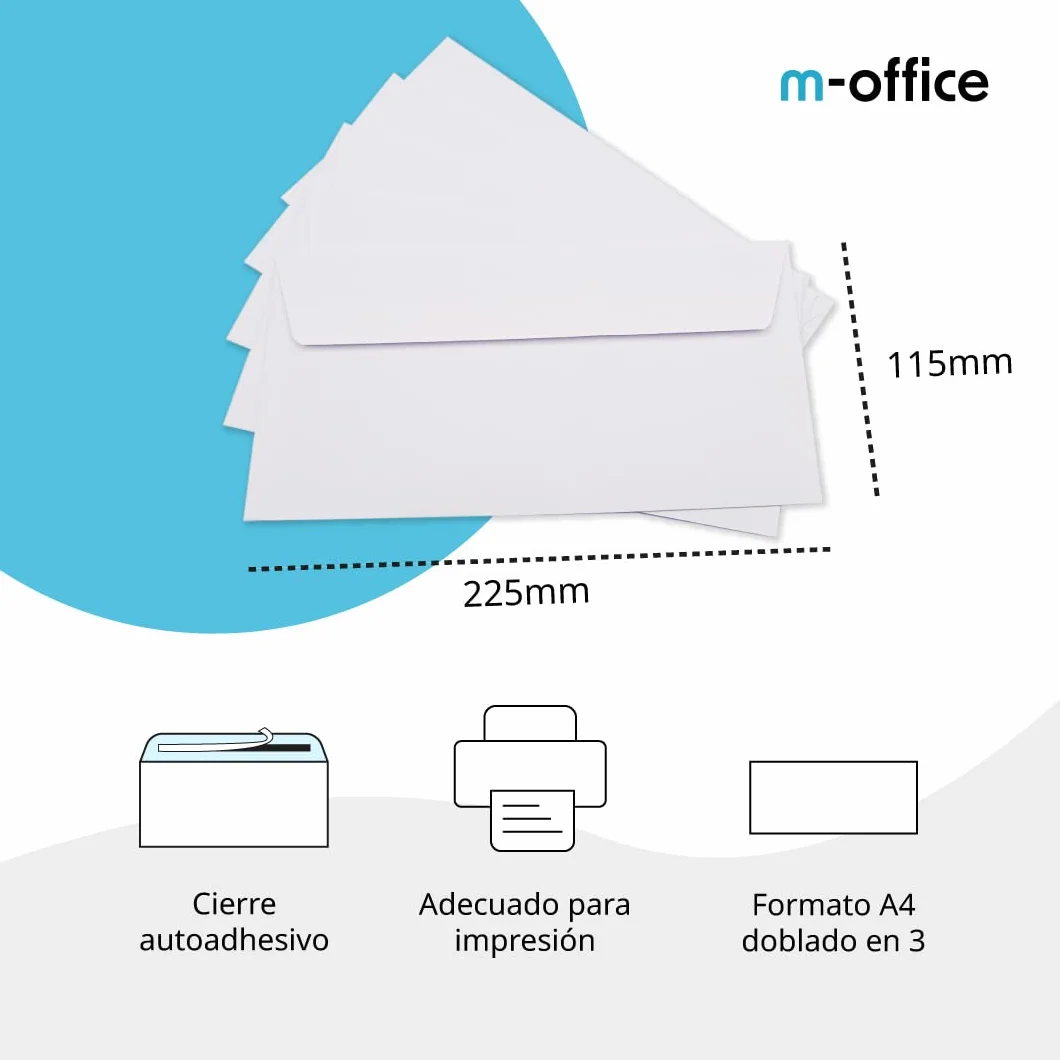 Sobres de Papel, Sobre Blanco Americano Sin Ventana, Medida 225 x 115 mm, Sobres Papel Blancos para Cartas y Documentos, Sobres 90 g/m² con Cierre Autoadhesivo · m-office (25 uds)