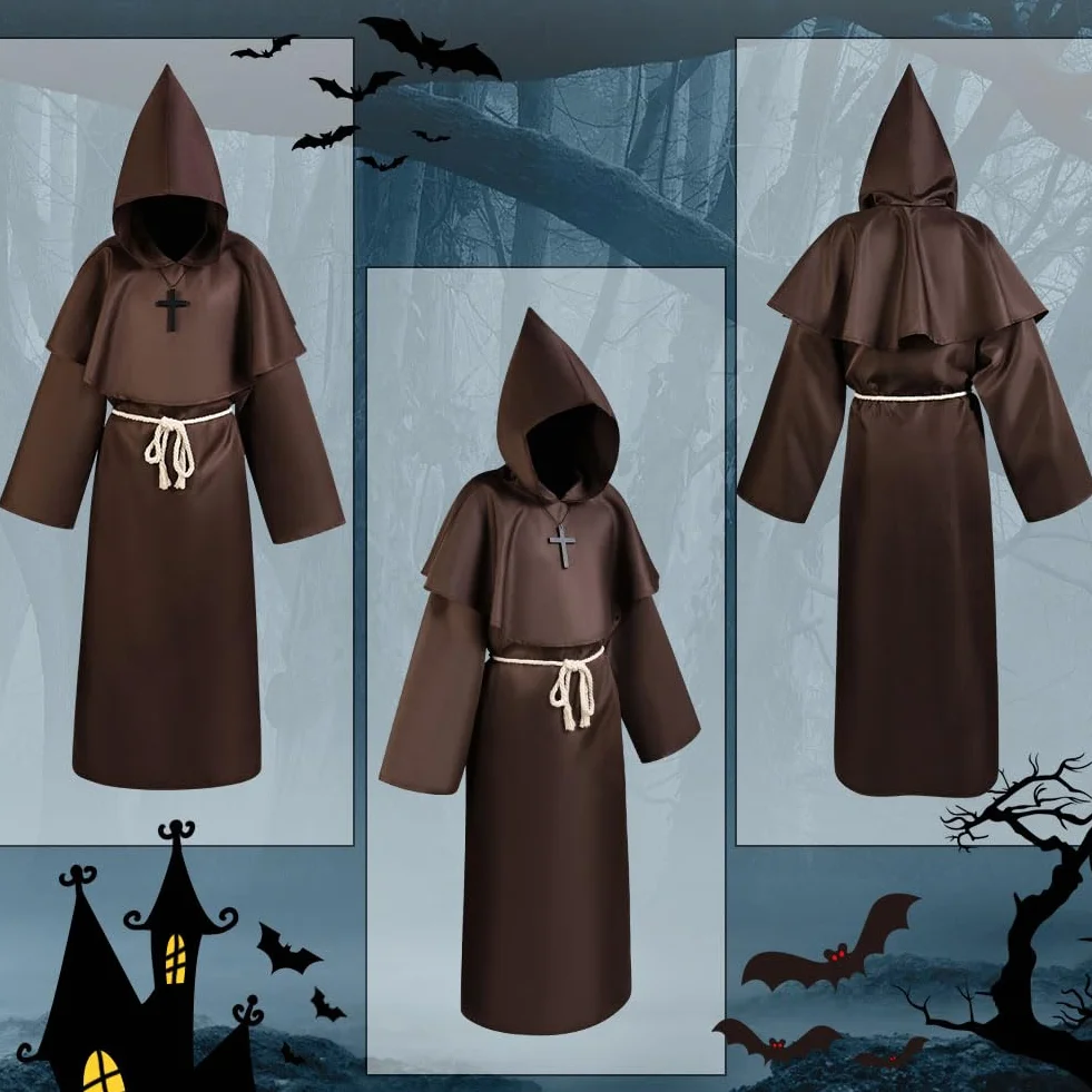 Aomig Szata mnicha, męska, czapka mnicha, średniowieczna peleryna, klasyczny kostium, kaptur, renesansowy, szata kapłana, na Halloween, karnawał, kostium Cosplay (rozmiar XL ~ XXL, czarny, brązowy)