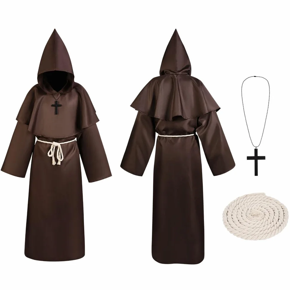 Aomig Szata mnicha, męska, czapka mnicha, średniowieczna peleryna, klasyczny kostium, kaptur, renesansowy, szata kapłana, na Halloween, karnawał, kostium Cosplay (rozmiar XL ~ XXL, czarny, brązowy)