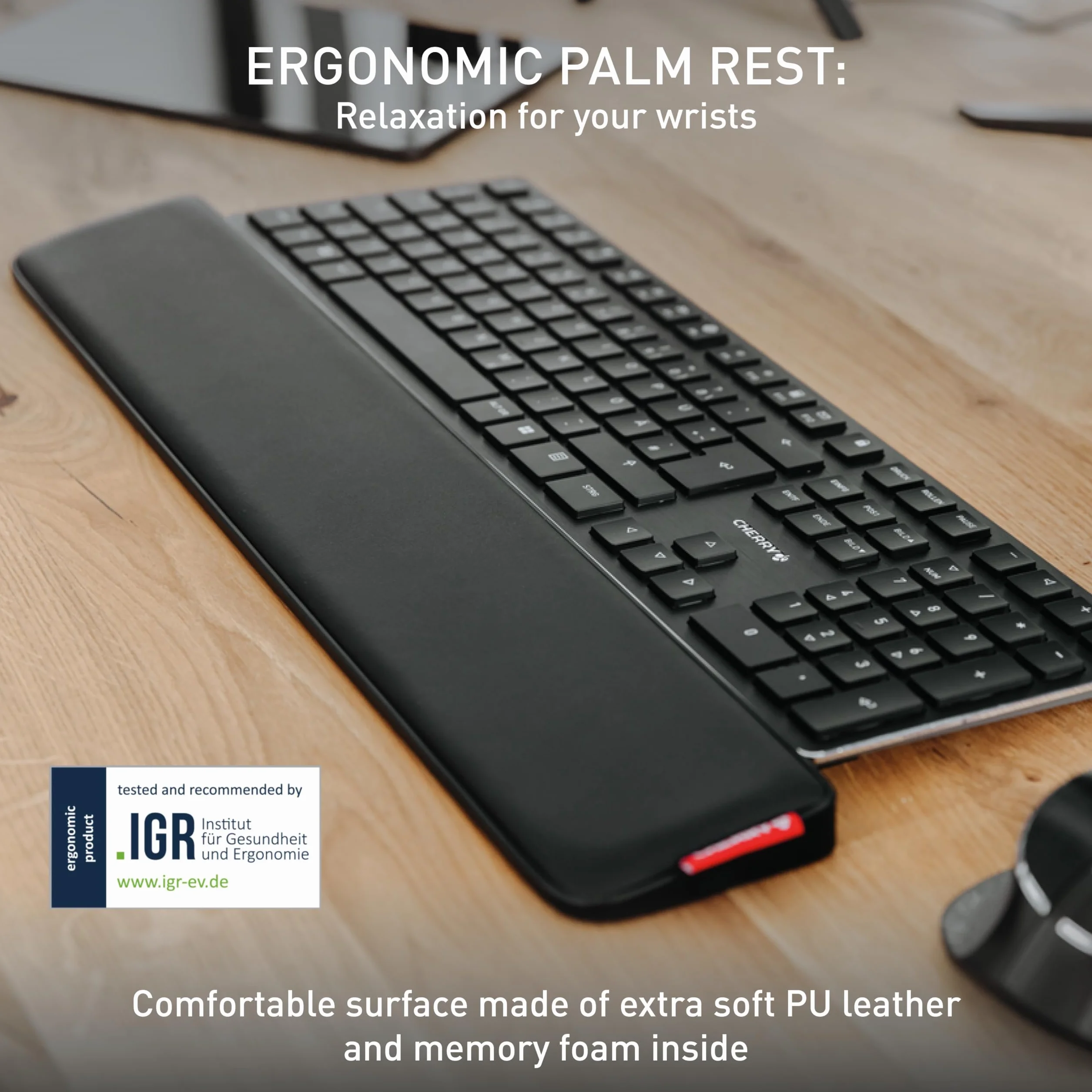CHERRY PALMREST ERGO, ergonomiczna podpórka pod nadgarstki, kompatybilna z każdą klawiaturą, wysuwane nóżki, 3 różne kąty nachylenia, bardzo szeroka, czarny