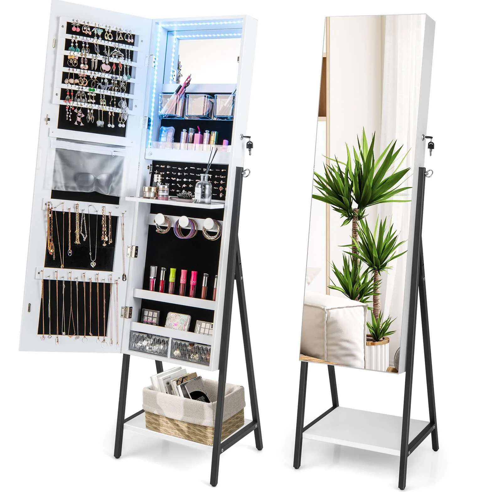 COSTWAY Szafka na biżuterię z lustrem, szafka z lustrem na biżuterię z 3-kolorowym oświetleniem LED, zamykana, dodatkowa półka, 41,5 x 37 x 157 cm (biała)