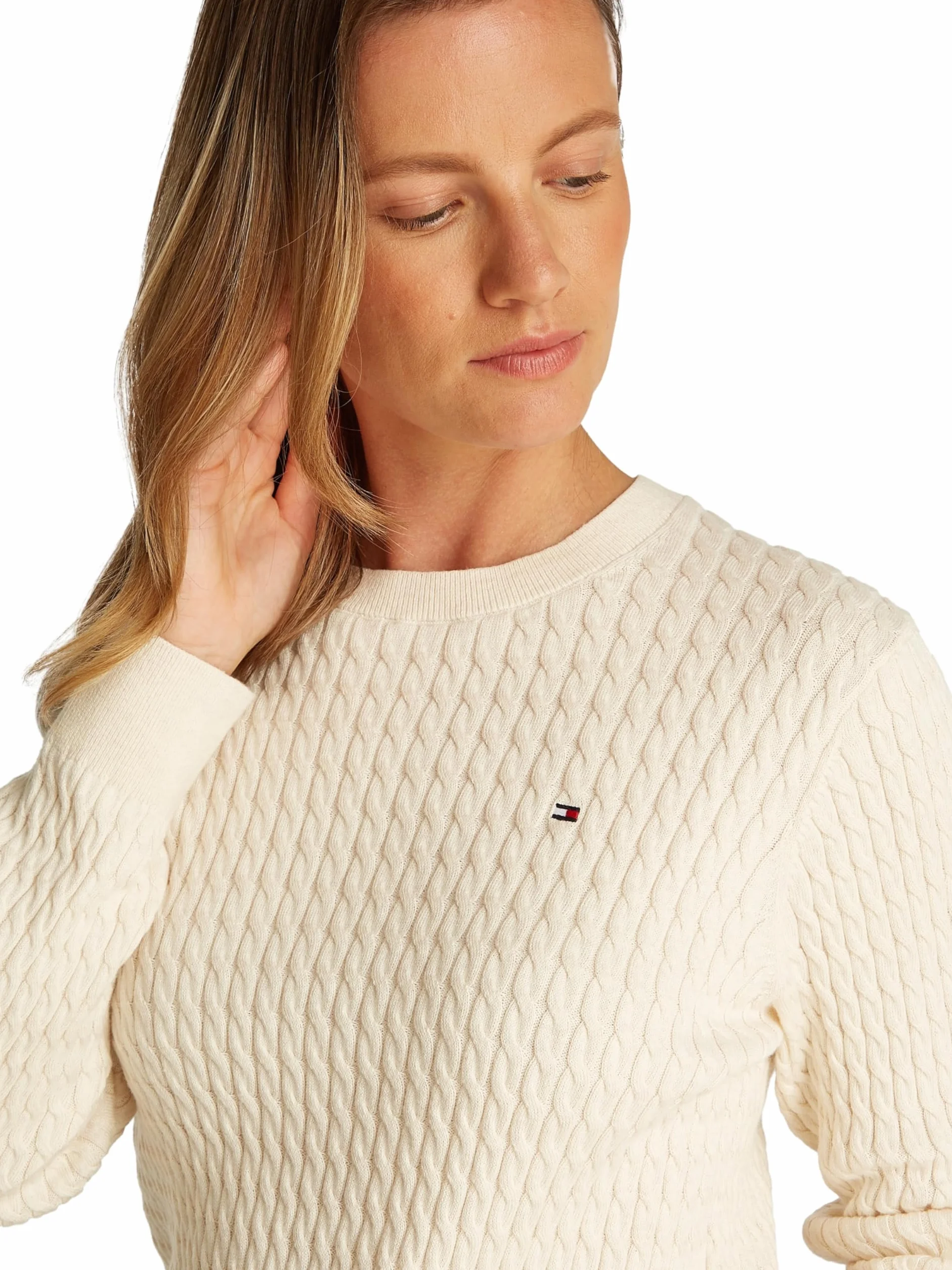 Tommy Hilfiger Damski sweter z cienkiej dzianiny, Beżowy (płatek kości słoniowej wrzosowej), XXS