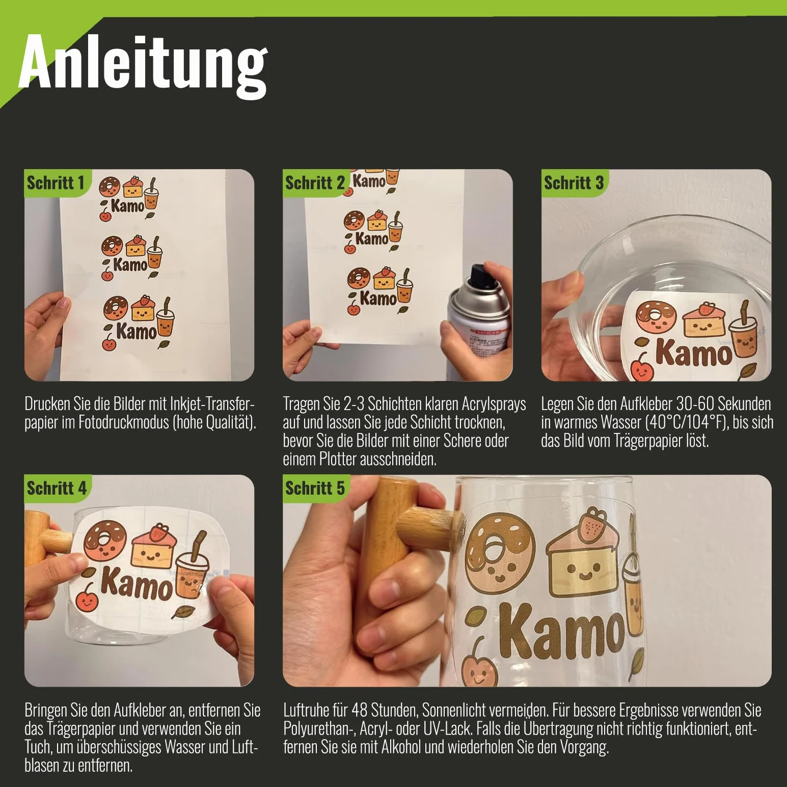 Kamo Przezroczysta folia do druku atramentowego A4 – 20 arkuszy folii dekoracyjnej do ceramiki, szkła, kubków, świec, tworzywa sztucznego i modelarstwa, projektów "zrób to sam"