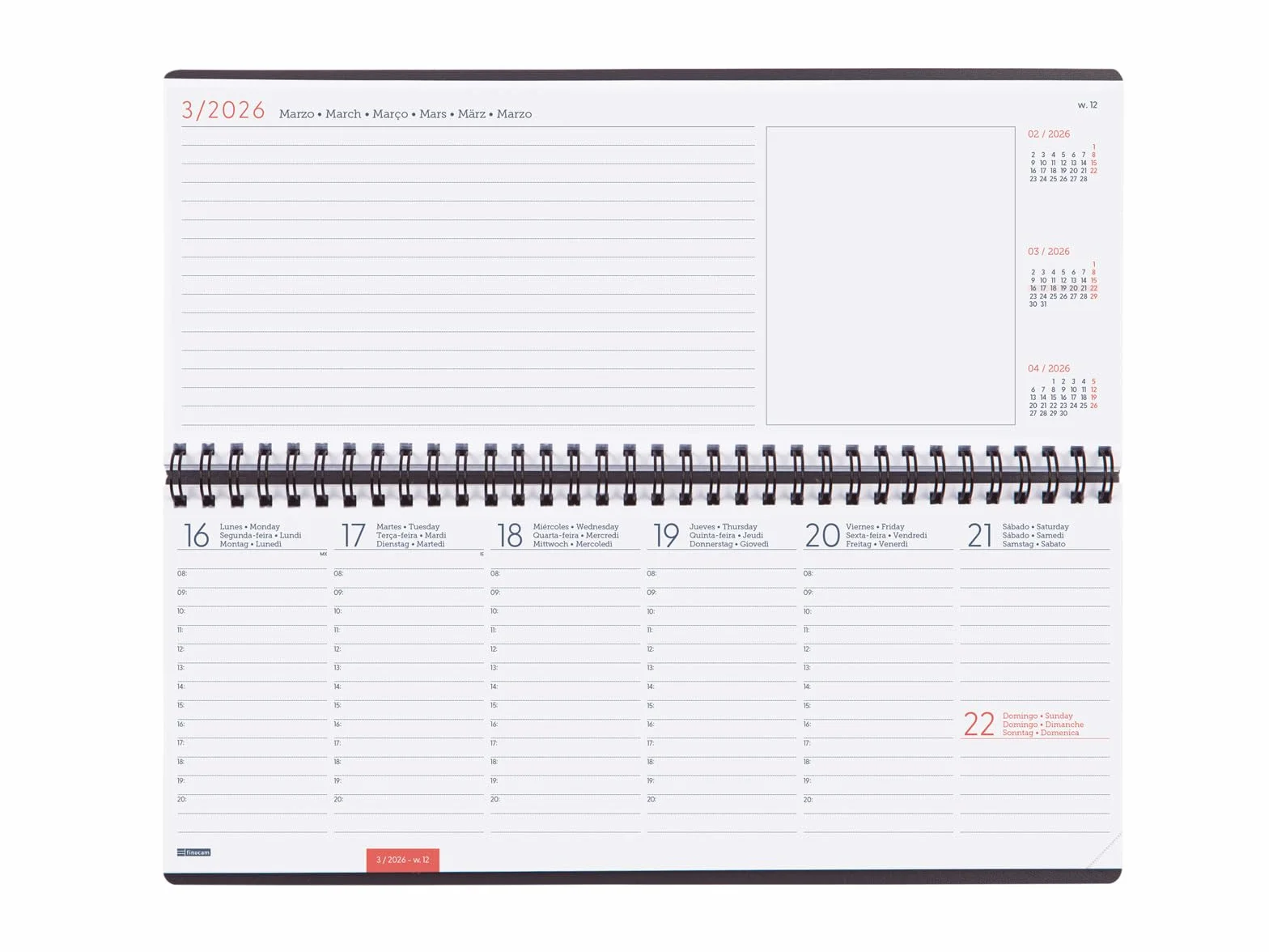 Finocam – Diary Planner + Notes Week to View 2026 Week View + Notes January 2026 – December 2026 (12 months) Grey International