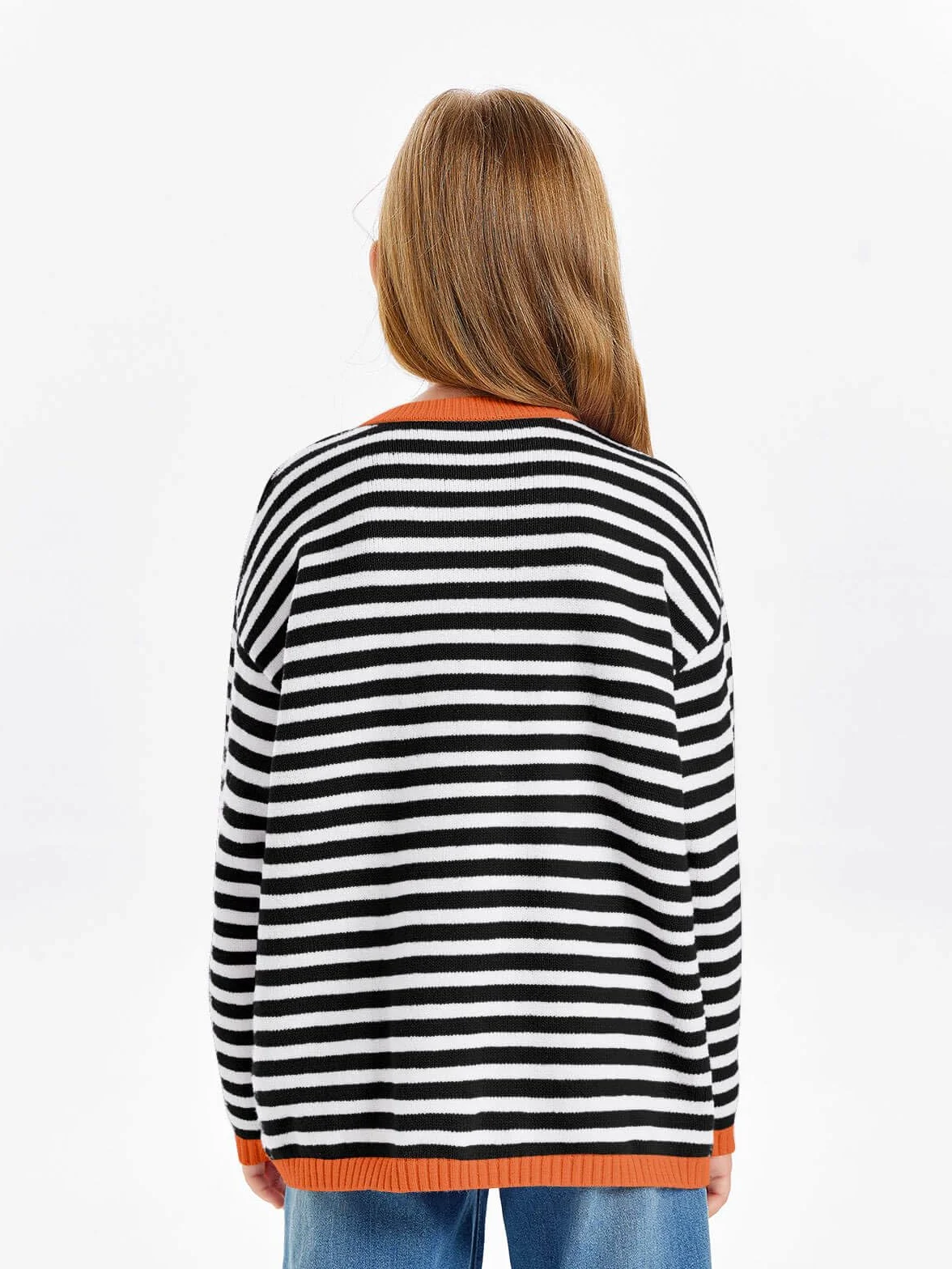 Haloumoning Dziewczęcy sweter w paski, okrągły dekolt, lekki sweter z dzianiny dla dzieci, jednokolorowy, długi rękaw, dzianina, bluza zimowa, top
