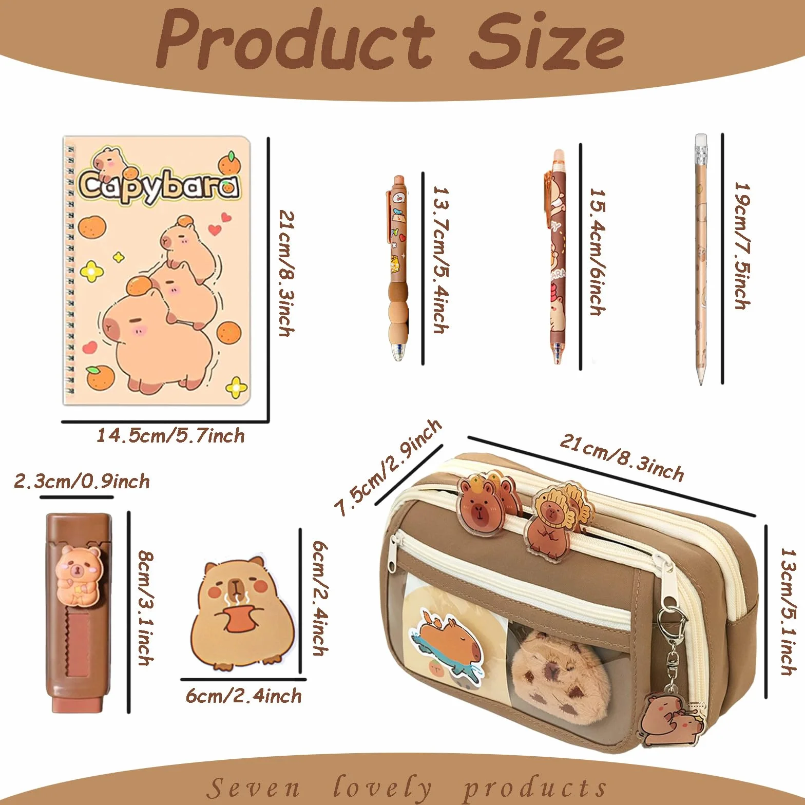 Capybara zestaw artykułów piśmienniczych – duży piórnik, 4 zeszyty spiralne A5, 10 długopisów kulkowych (2 style), 12 ołówków, 2 gumki, idealny prezent urodzinowy dla dzieci