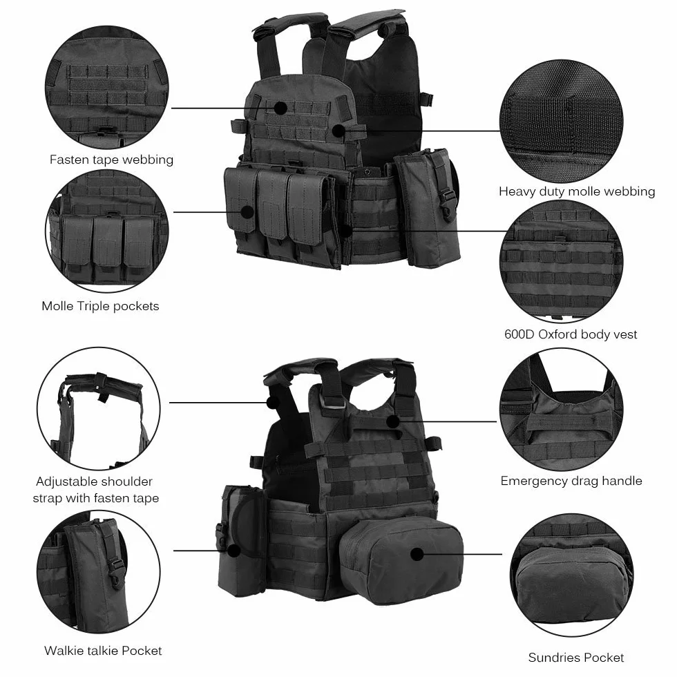 Lixada Outdoor Modular Molle Kamizelka Polowanie na Pierś Carrier Kamizelka z Kieszeni Nawodnienia, czarny, rozmiar uniwersalny