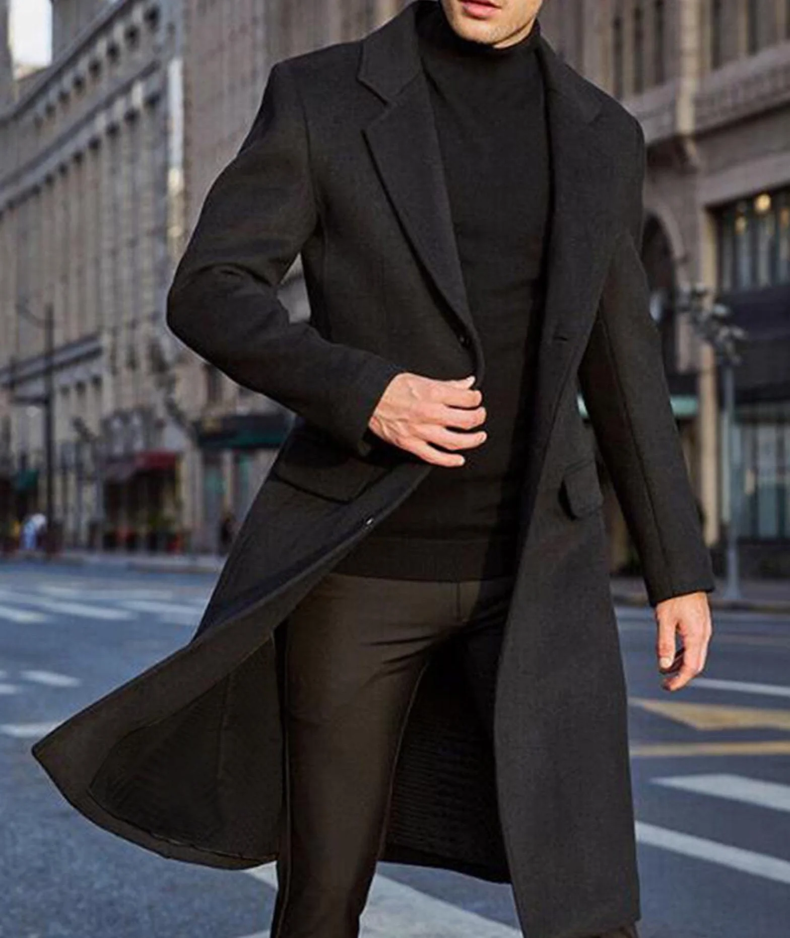 ECDAHICC Męski płaszcz wełniany, casualowy, slim fit, długa kurtka, kołnierz, trencz, jednorzędowy, płaszcz zimowy, ciepła odzież wierzchnia