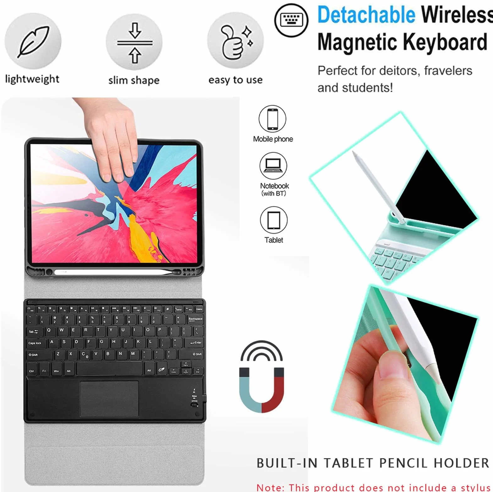 Etui na Klawiaturę z Touchpadem i Uchwytem na Rysik do iPad 6. Gen 2018, iPad 5. Gen 2017, iPad Pro 9,7", iPad Air 2 i 1, Klawiatura QWERTY z Podświetlana 7 Kolorów, Ciemnoniebieski Z Touchpadem