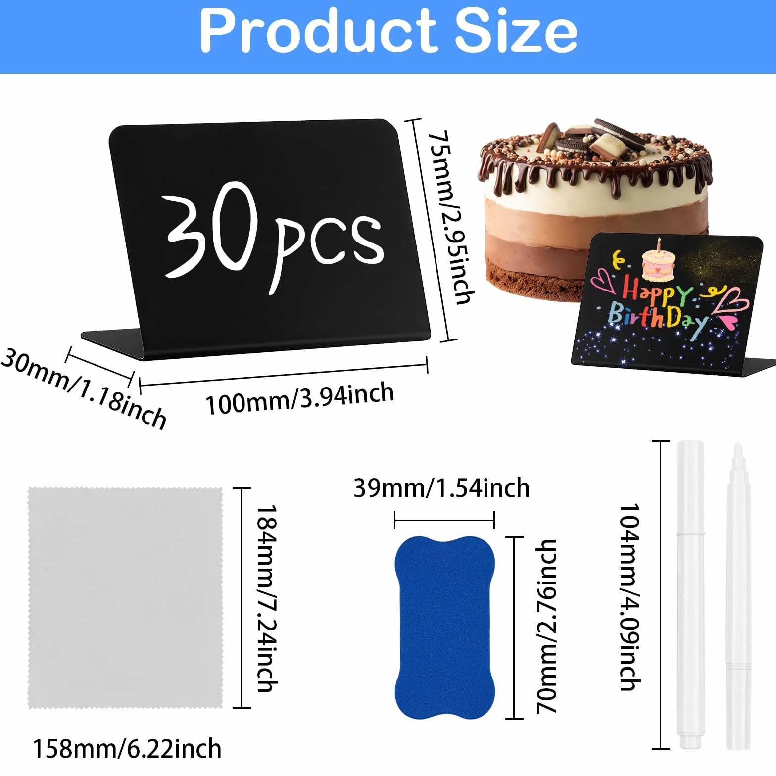 30 mini tablic kredowych, 100 x 75 mm, wyświetlacz z numerami stołowymi, czarne tablice z gąbką, ściereczki do polerowania, 2 długopisy, etykiety do jedzenia, na imprezy, wesela, bufety, 30 szt
