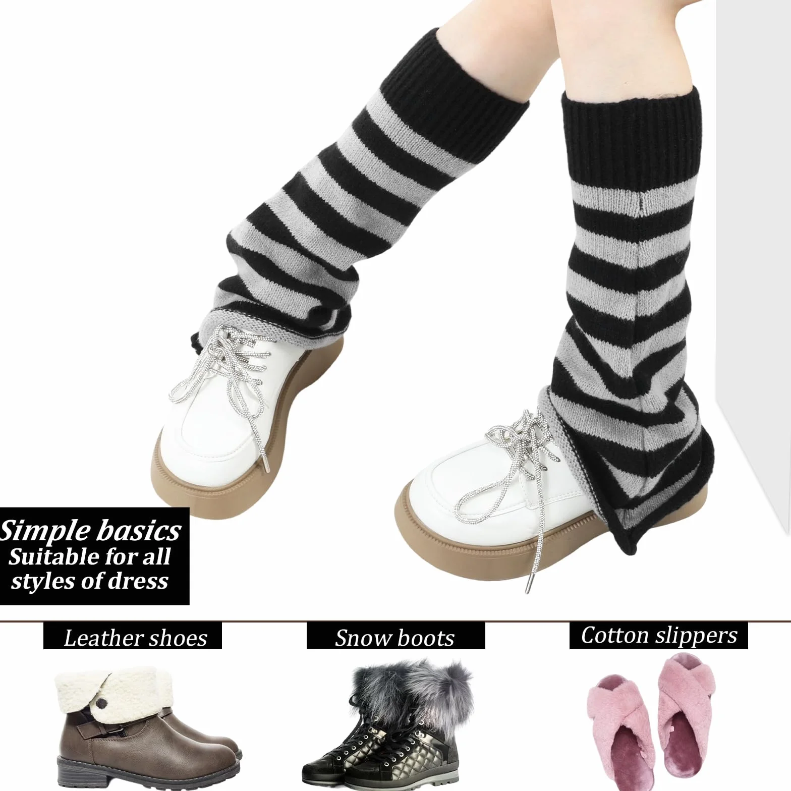 1 para Y2k Kawaii ocieplaczy damskich, zimowe ocieplacze na nogi, japońskie ocieplacze na nogi, czarno-białe dziane legwarmers, do wszystkich rodzajów butów