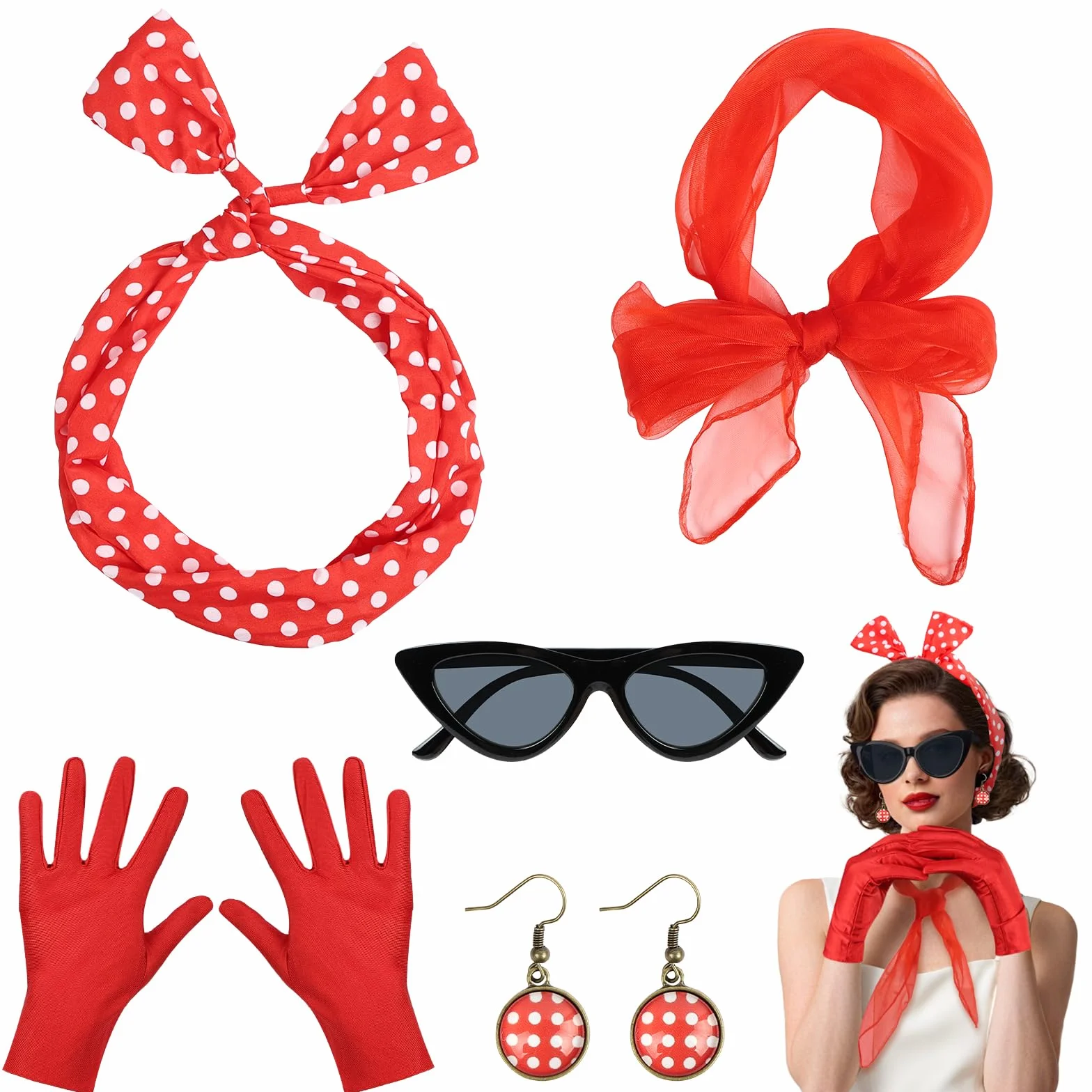 Akcesoria do kostiumów z lat 50., 5 szt. fantazyjny zestaw okularów w kształcie kocich oczu, bandana w kropki, opaska na głowę, rękawiczki, fantazyjny strój dla kobiet na imprezę retro z lat 50