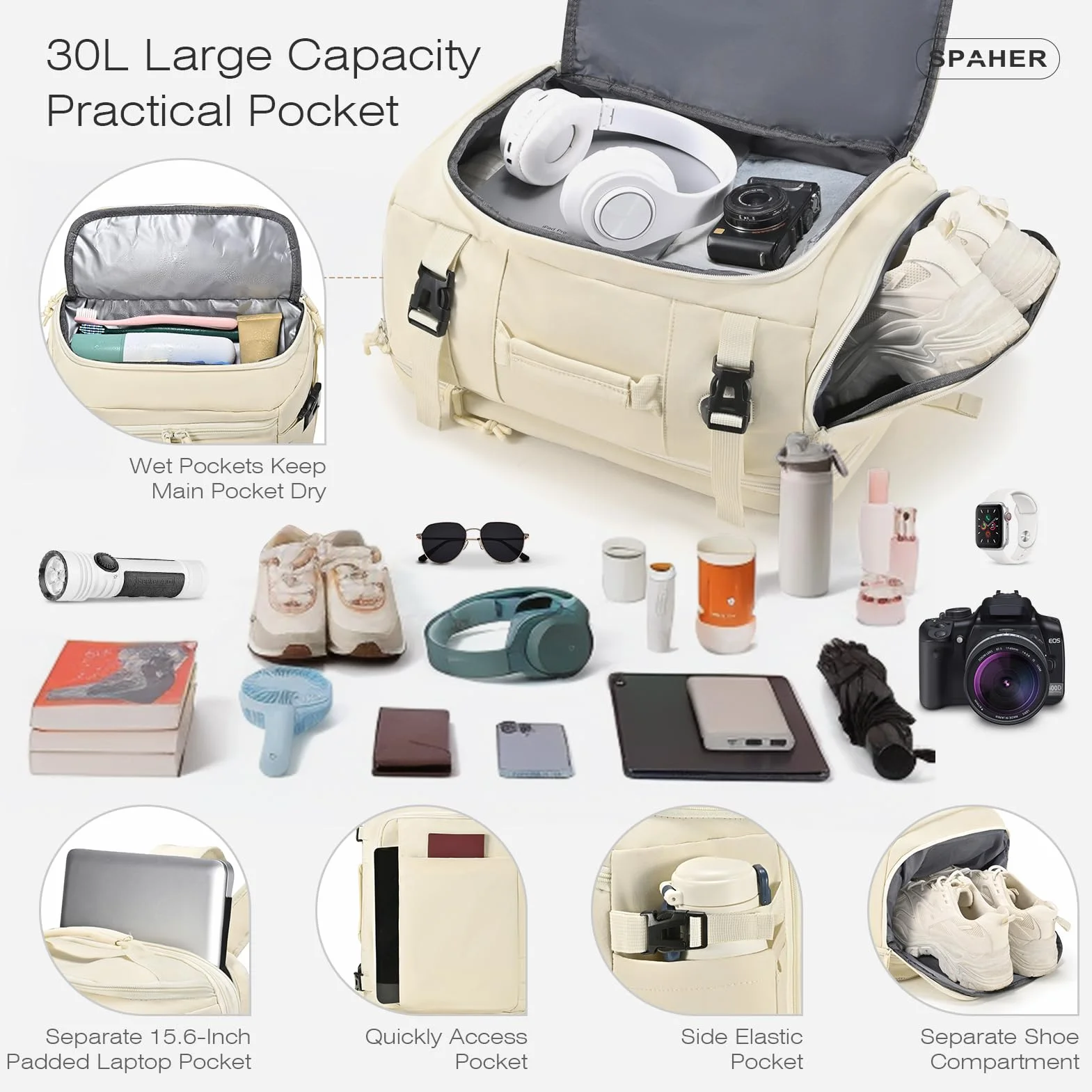 SPAHER Rozszerzalny Plecak Podróżny 40x30x15 do 40x30x20 Ryanair Wizzair Plecak na Laptopa 15,6 Calowy z Portem Łdowania USB Plecak Sportowy z Kieszenią na Buty i Mokre Rzeczy dla Kobiet i Mężczyzn