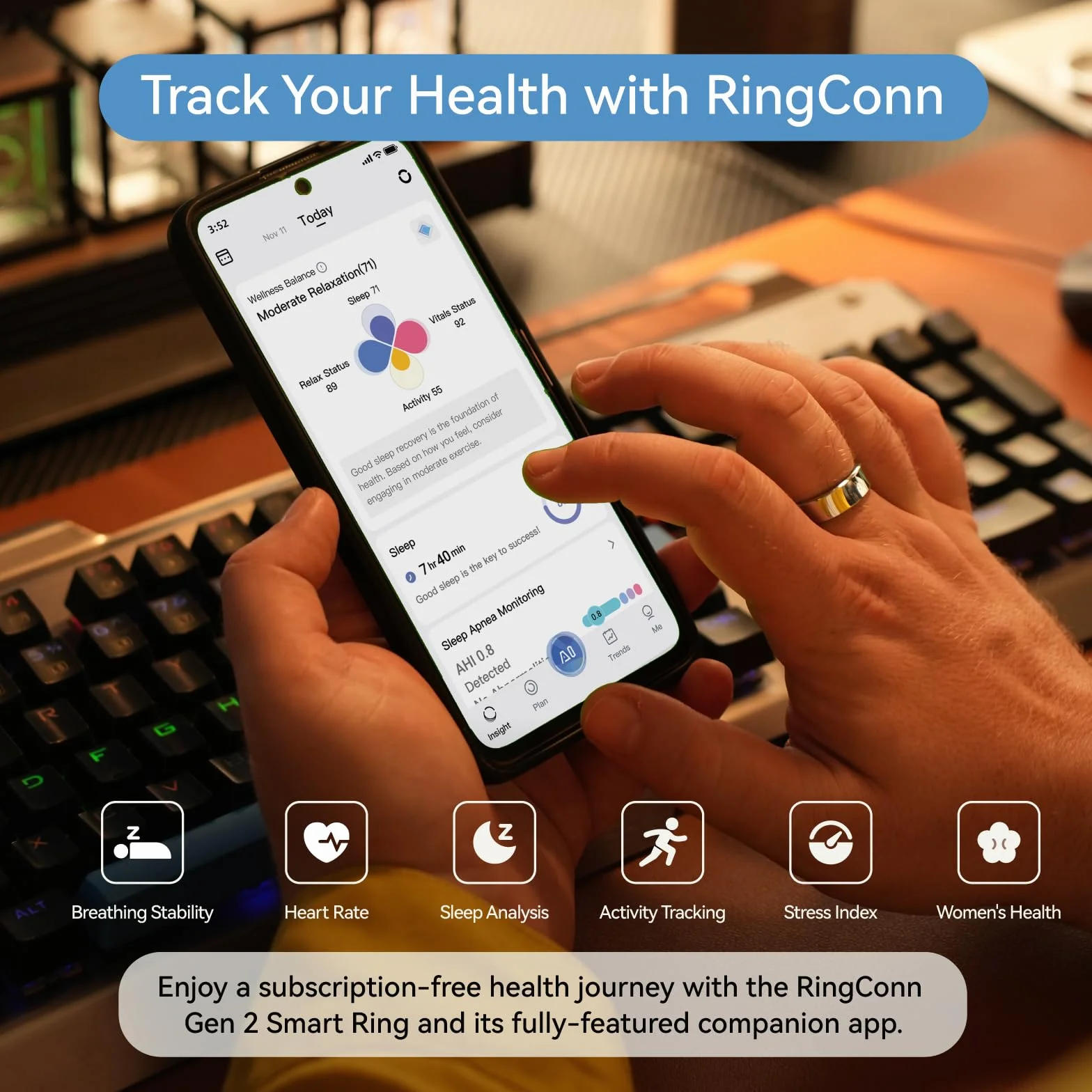 RingConn Inteligentny pierścień generacyjny 2 | Śledzenie bezdechu sennego | 12 dni pracy na baterii | Śledzenie snu, tętna i stresu | Zdrowie kobiet | Bez abonamentu | iOS/Android (srebrny, rozmiar