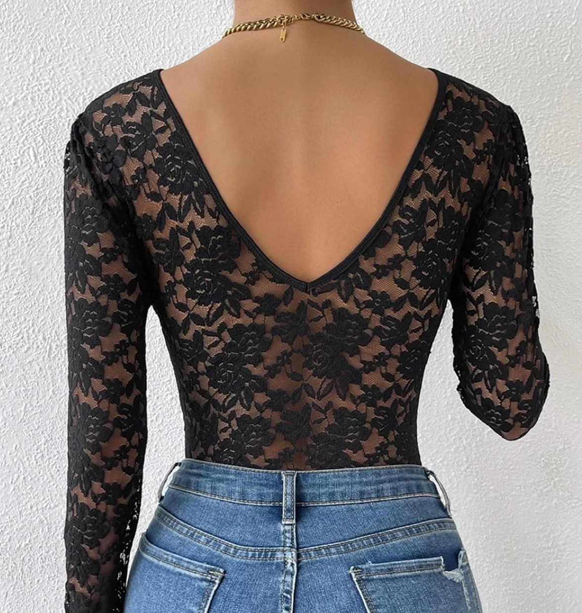 SHEKINI Damskie przezroczyste koronkowe body z długim rękawem body damskie eleganckie body damskie koronkowe z zapiekanym brzegiem dekolt w serek bielizna modelująca seksowna bielizna