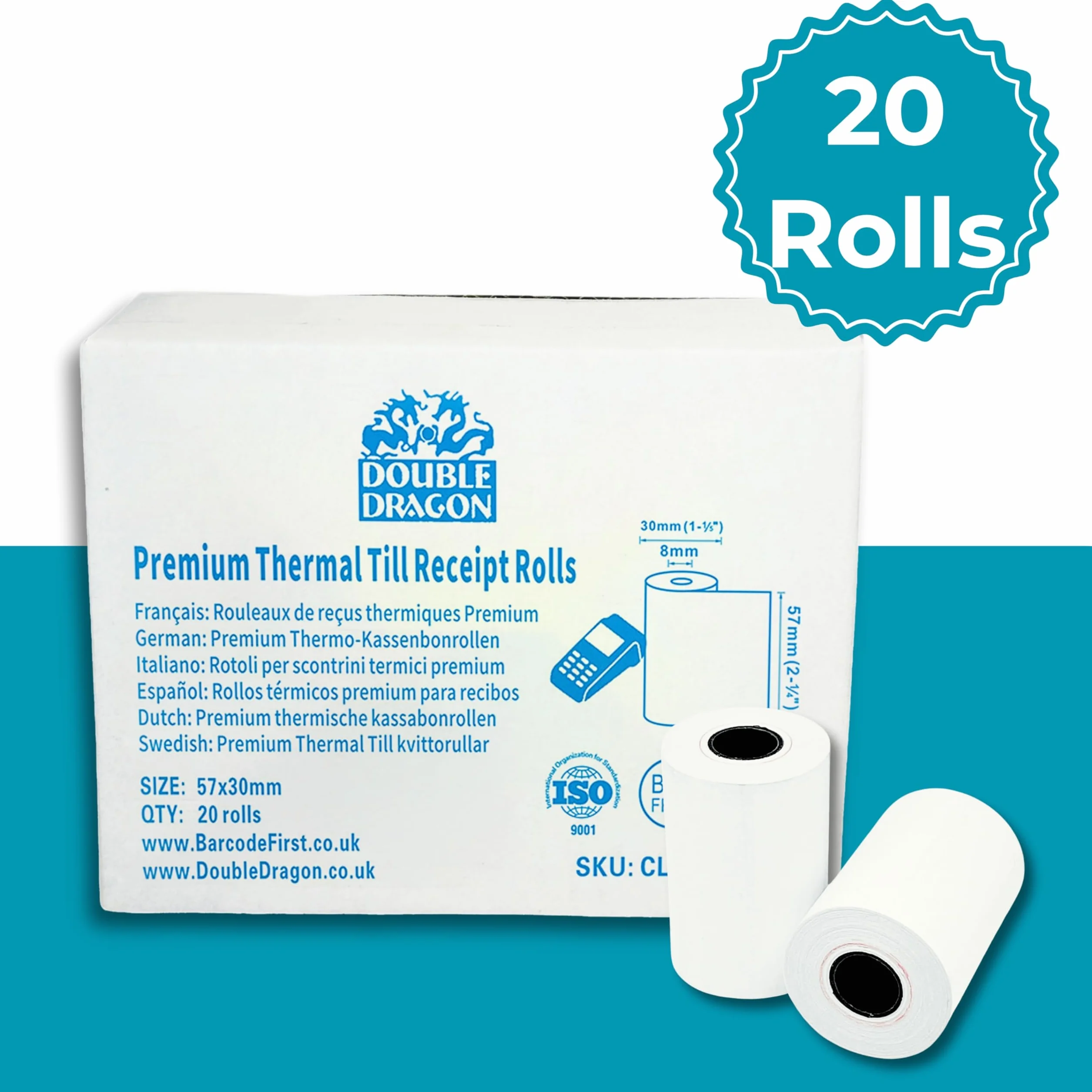 Double Dragon 57 x 30 mm Termiczne rolki do paragonów PDQ | Wolne od BPA | Kompatybilne z drukarkami SumUp, Ingenico, PayZone, Verifone, Clover, terminalami Zettle – 20 rolek