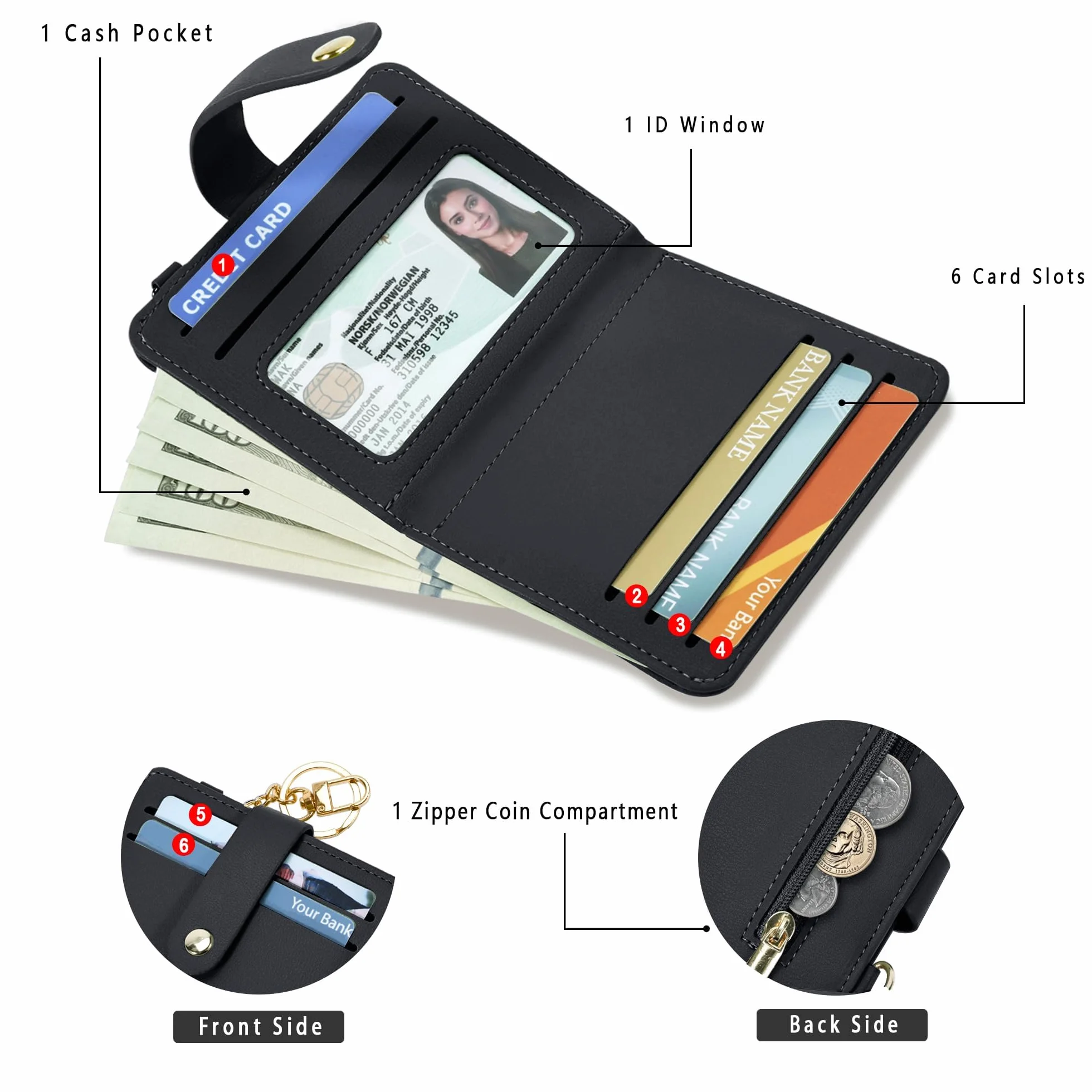 Mały portfel damski, z ochroną RFID, skórzany, mini portmonetka dla kobiet, etui na karty z breloczkiem do kluczy, okienko z dowodem tożsamości, portfel na karty damski, mini portfel na karty z