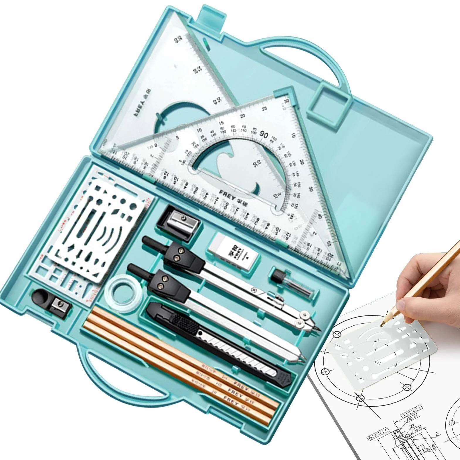 Zestaw geometrii, zestaw geometrii, 16x zestaw geometrii matematycznej | Pisanie narzędzi z pudełkiem do przechowywania, materiały do rysowania graficznego dla inżynierów architektów
