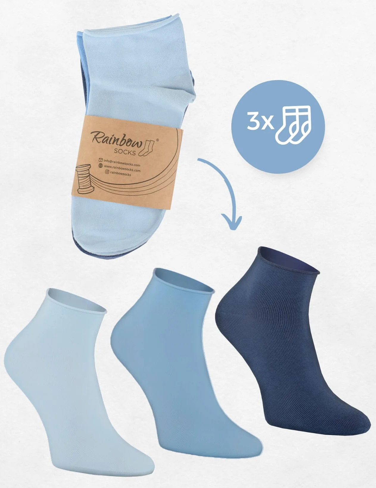 Rainbow Socks - Damskie bawełniane wygodne skarpety do kostek - beżowe, niebieskie, miętowe skarpety - 3 lub 5 par, 3 x niebieski, 39-41 EU