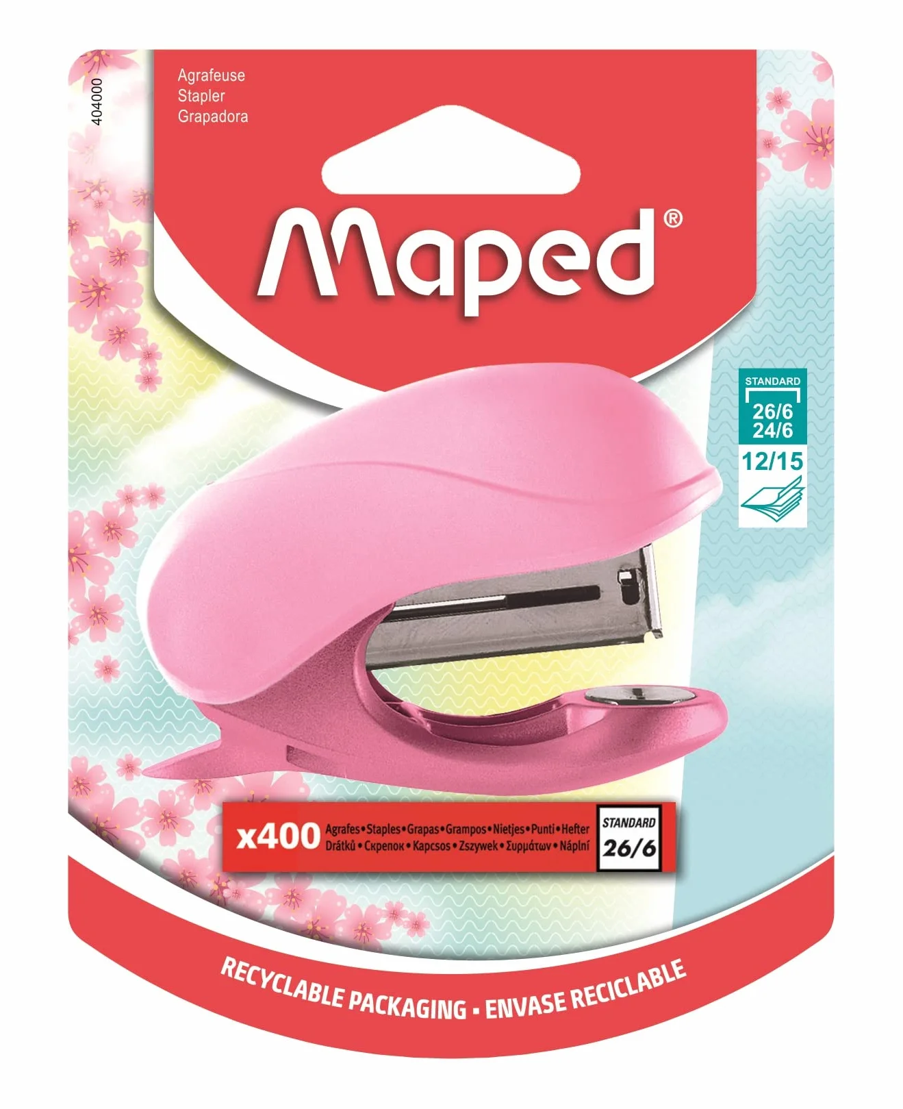 Maped - Zszywacz Mini Vivo Pink Pastel + 400 zszywek 26/6 - Korpus z materiału pochodzącego z recyklingu - z wbudowanym zszywkami - Kompatybilny z zszywkami 24/6 i 26/6 - Łączy do 15 arkuszy