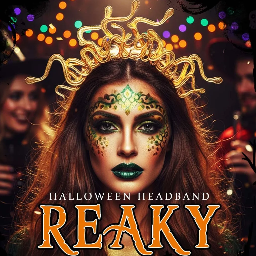 Reaky Opaska na głowę z wężem Meduza opaska na głowę złoty wąż opaska do włosów kostium na Halloween akcesoria do włosów dla kobiet