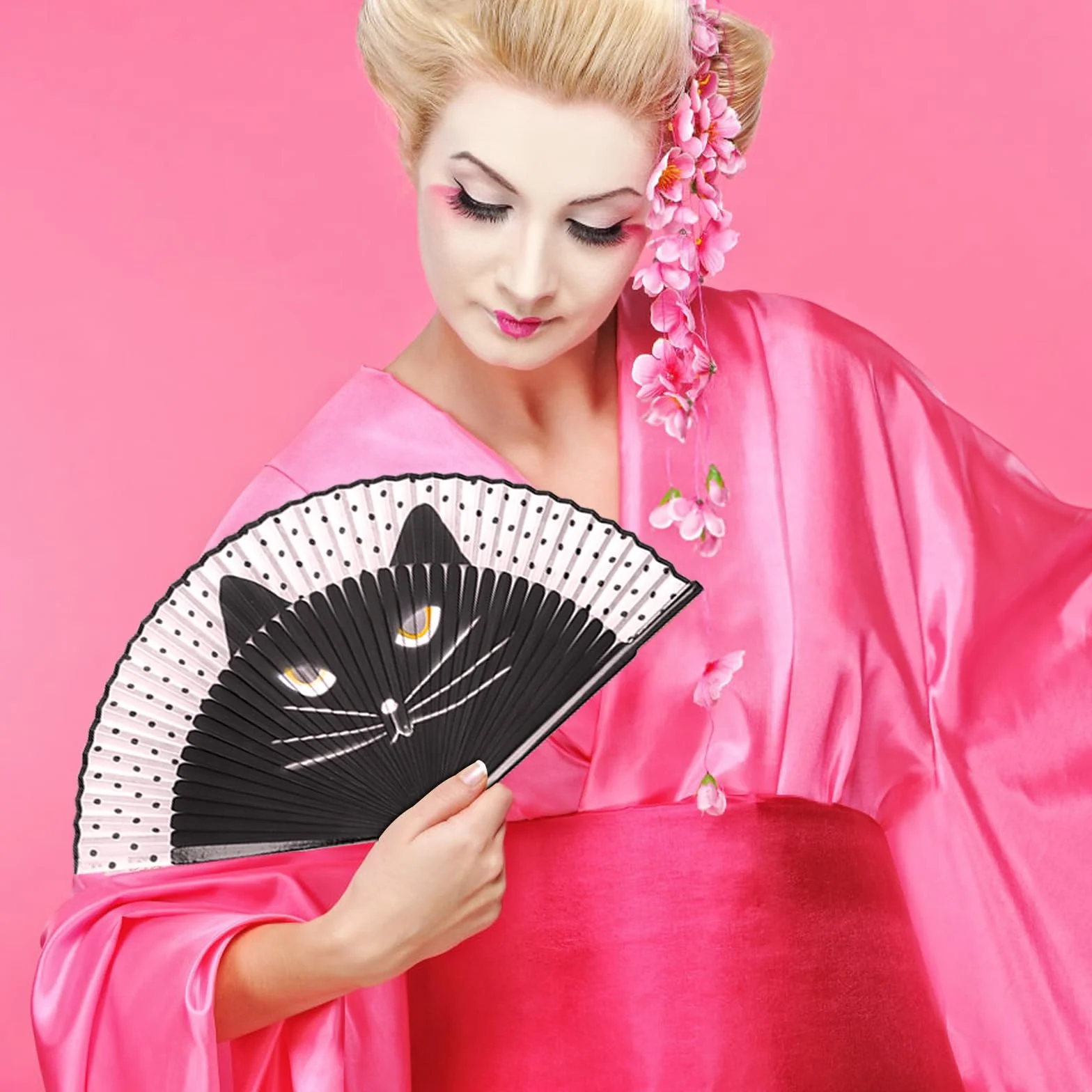 Wachlarz ręczny, japoński, składany, z pudełkiem prezentowym, bambusowy wachlarz z nadrukiem Dragon Cat, przenośny i przyjazny dla środowiska, wachlarz anime, na pintar, na wesele, imprezę, cosplay