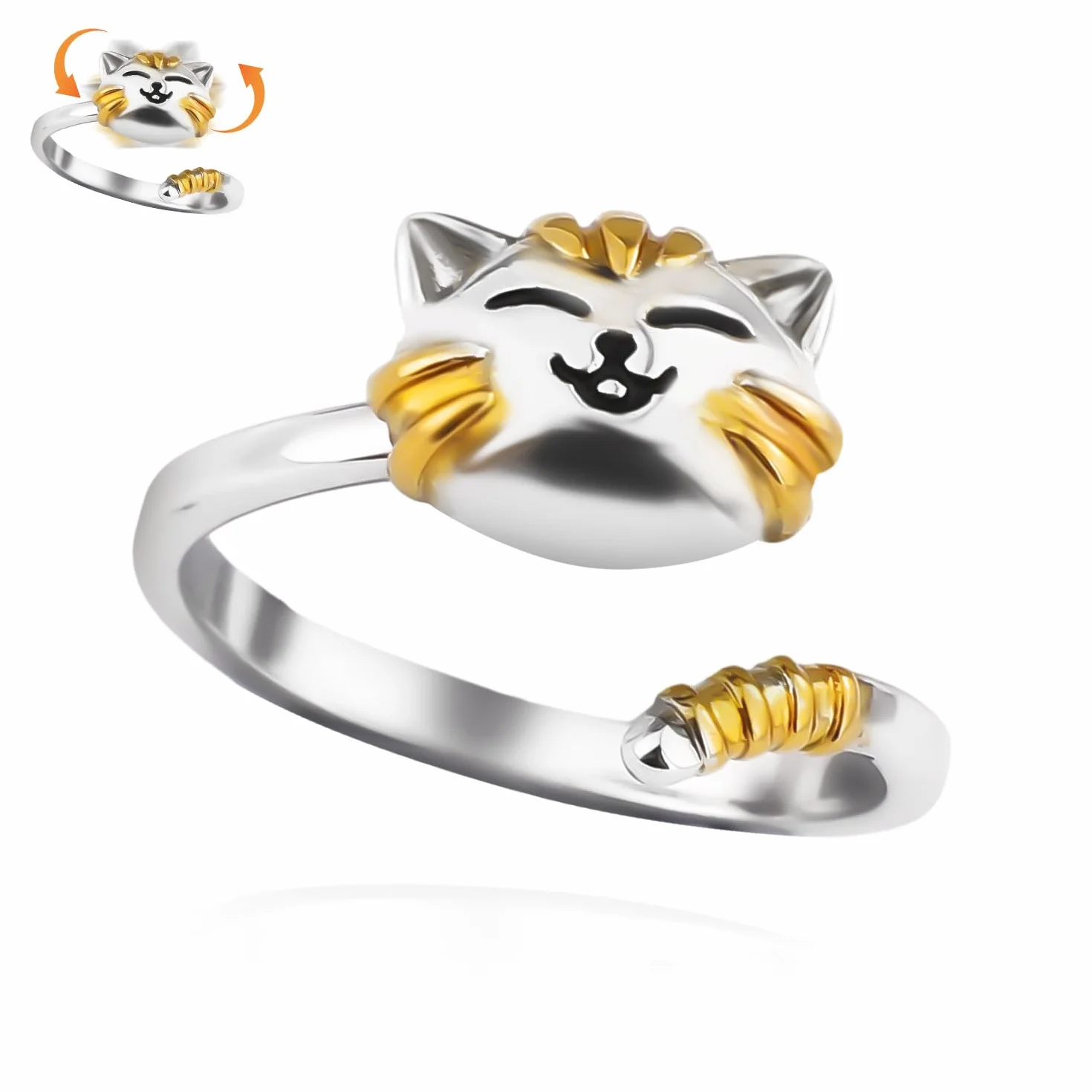Fidget Ring Kobiety, Platerowane Srebro Obrotowe Pierscionki Zwierze Uroczy Pierscionek z Kotem Otwarte Regulowana Bizuteria Fidget dla Relaksu