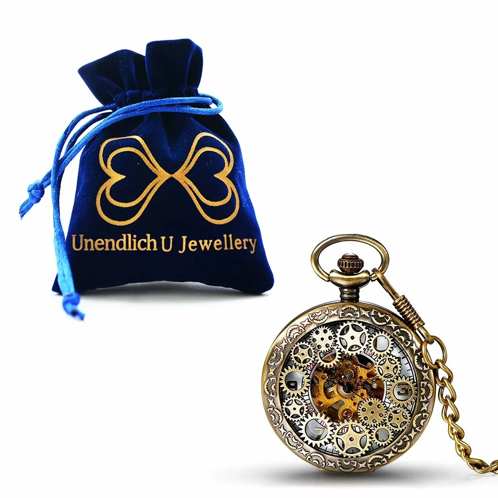 Unendlich U Męski zegarek kieszonkowy z cyframi rzymskimi z łańcuszkiem, analogowy, ręcznie nawijany, uniseks, retro, steampunk, brązowy, retro, Brązowy, vintage lub steampunk