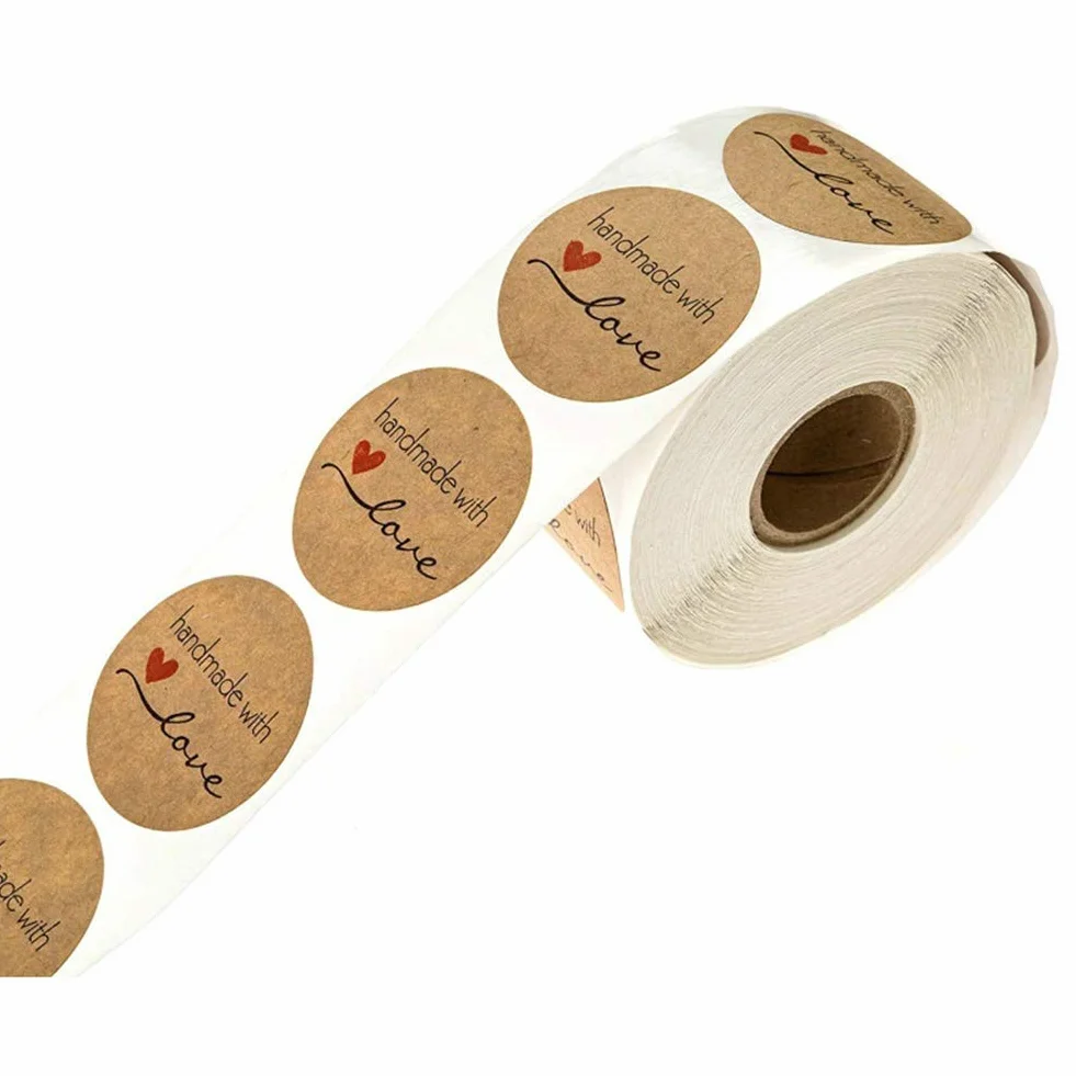 500 sztuk naklejek z papieru typu kraft, okrągłe naklejki, ręcznie wykonane z miłością, do pieczenia, torebek prezentowych, kopert ślubnych