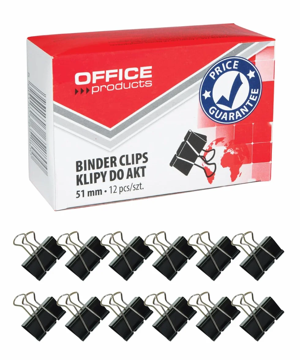 Klipy do Dokumentów OFFICE PRODUCTS 51mm 12szt Czarne/Drobne Akcesoria Biurowe/Typ-do Akt/Rodzaj-Standard/Materiał-Metal/Kolor-Czarny/Rozmiar-51mm