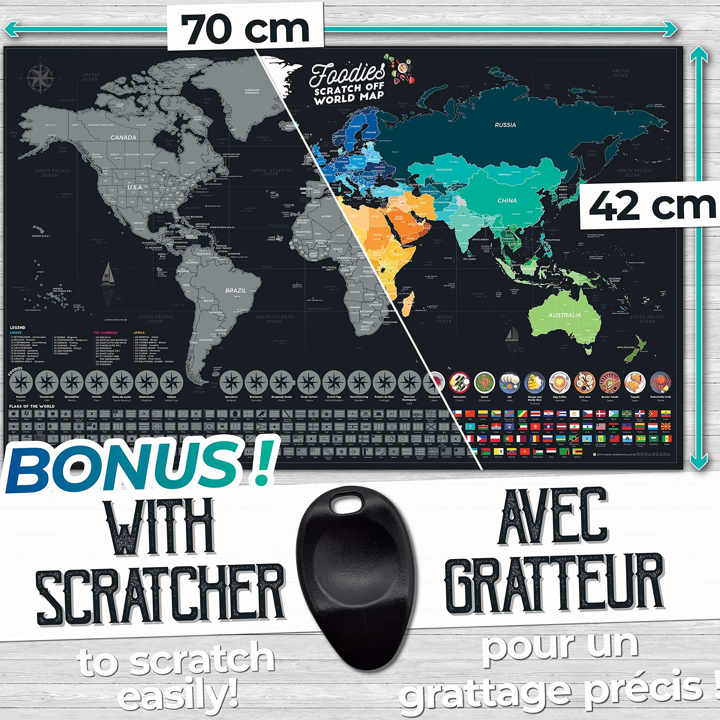 Bonanzana - Mapa świata do zdrapywania XXL - 70 x 42 cm - z 25 produktami spożywczymi i 197 flagami - mapa świata Foodies ze skrobakiem - Scratch off World Map - prezent