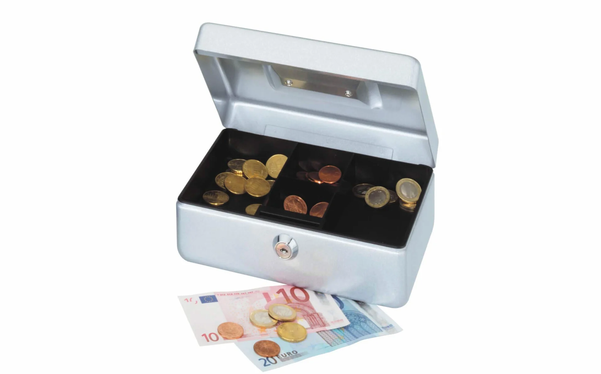 MAUL Kasetka na Pieniądze 2 Ze Stali Zamykana Wyjmowana Wkładka na Monety 20 X 17 X 9 Cm Kasa z 2 Kluczami Nadaje Się Jako Skarbonka Mały Sejf, Kasa na Pieniądze Srebrna