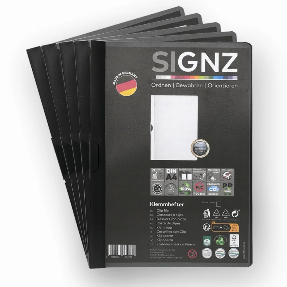 SIGNZ Segregator zaciskowy DIN A4, 5 sztuk, czarny, na 60 arkuszy, neutralny pod względem emisji CO2, wyprodukowano w Niemczech