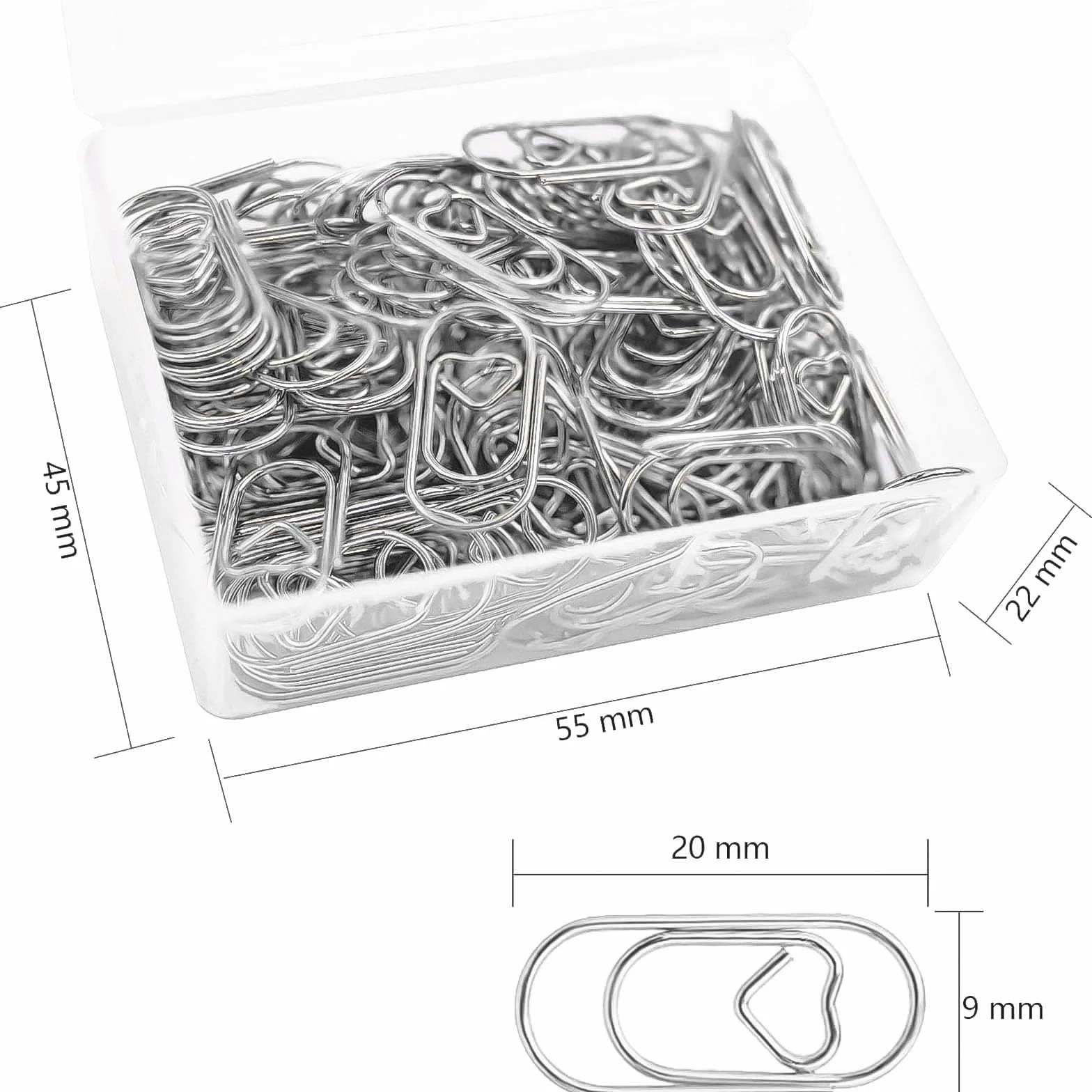 Spinacze biurowe, 250 sztuk, srebrne, w kształcie serca, zestaw spinaczy biurowych z przezroczystym pudełkiem, małe spinacze biurowe, owalny motyw do biura, klasy, klamerki do akt