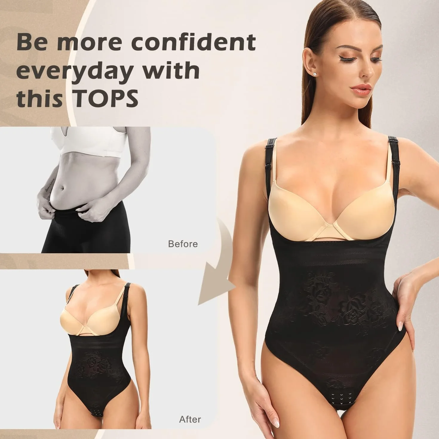 Joyshaper Figurformujący Body Damski Tanga Mocno Wyciągające Talię Formujące Body Bielizna z Haftkami Modelujący Bodysuit, czarny (schwarz-1), M