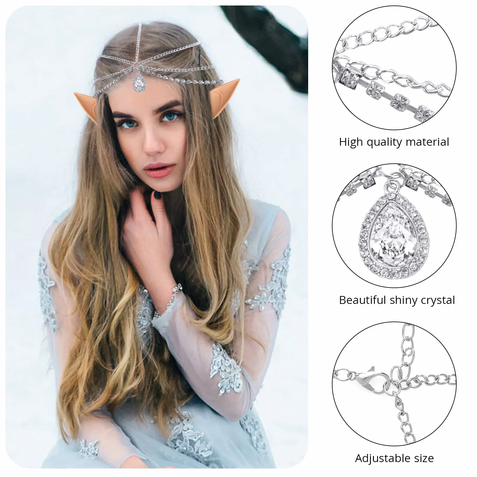 Lusofie Uszy elfa, łańcuszek z księżycem, w stylu retro, stras, akcesoria do włosów, na cosplay, imprezę, anime, bal maskowy